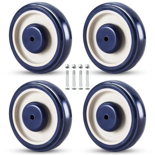 4 Pack 5 Inch Shopping Cart Replacement Wheels Kit With Axles And Bolts, Polyurethane Stepped And Full Tread Face, Double Ball Bearing, Blue, Smooth Quiet Roll For Indoor And Outdoor Use