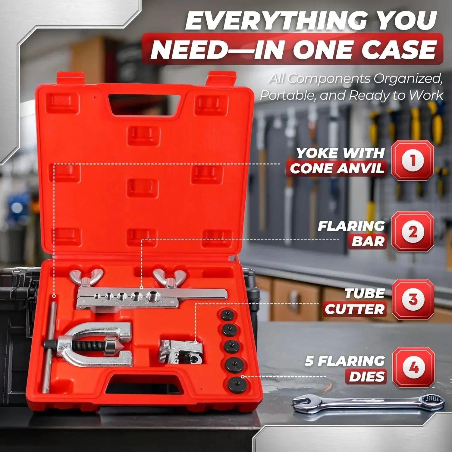 Brake Line Flare Tool Kit Cutter 45 Flare Single and Double 1/8 to 5/8 Tubing in red case with flaring bar and tube cutter