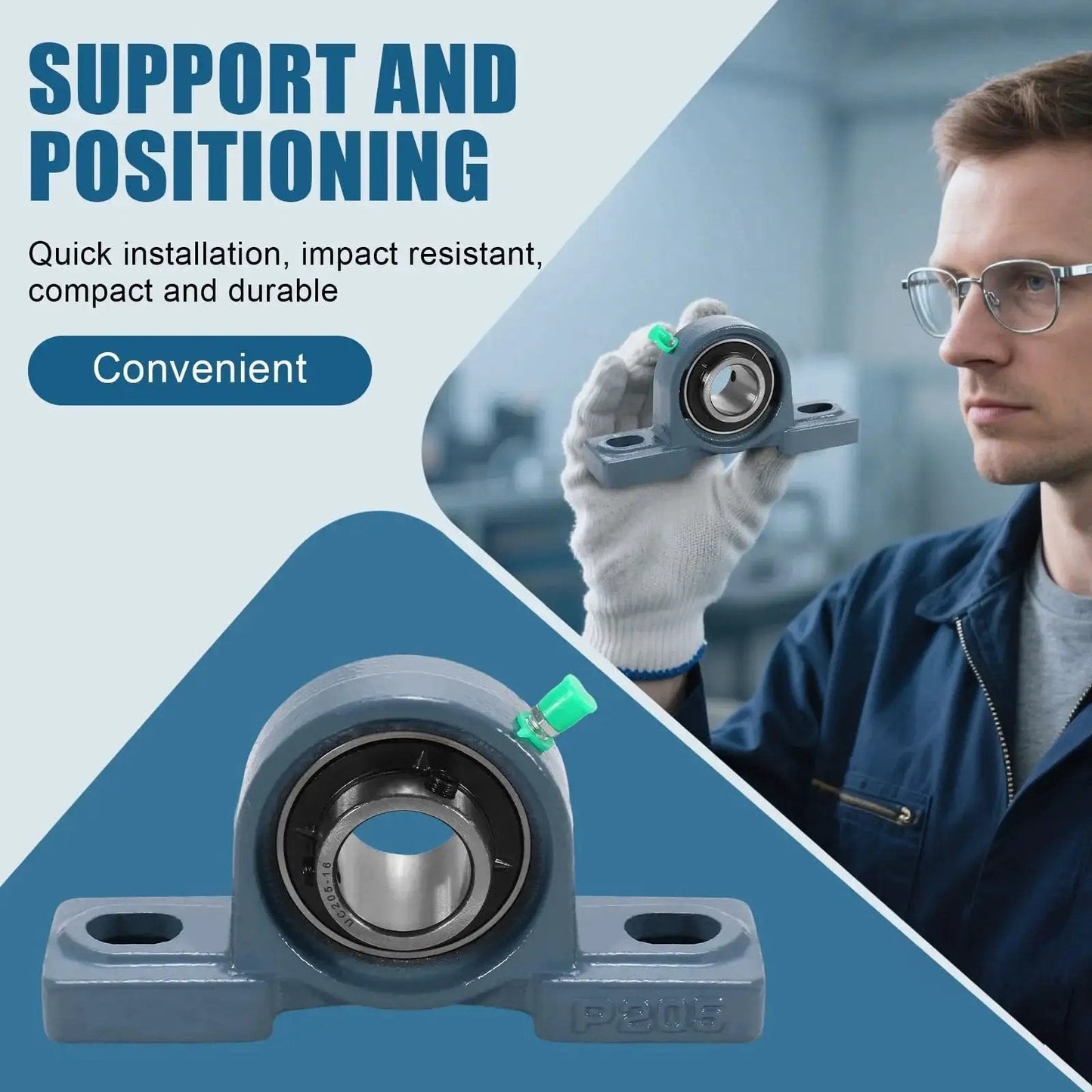 Man holding Heavy Duty Pillow Block Bearing Set 4 Pack UCP205-16 1 Inch Self Aligning Ball Bearing With Cast Iron Housing