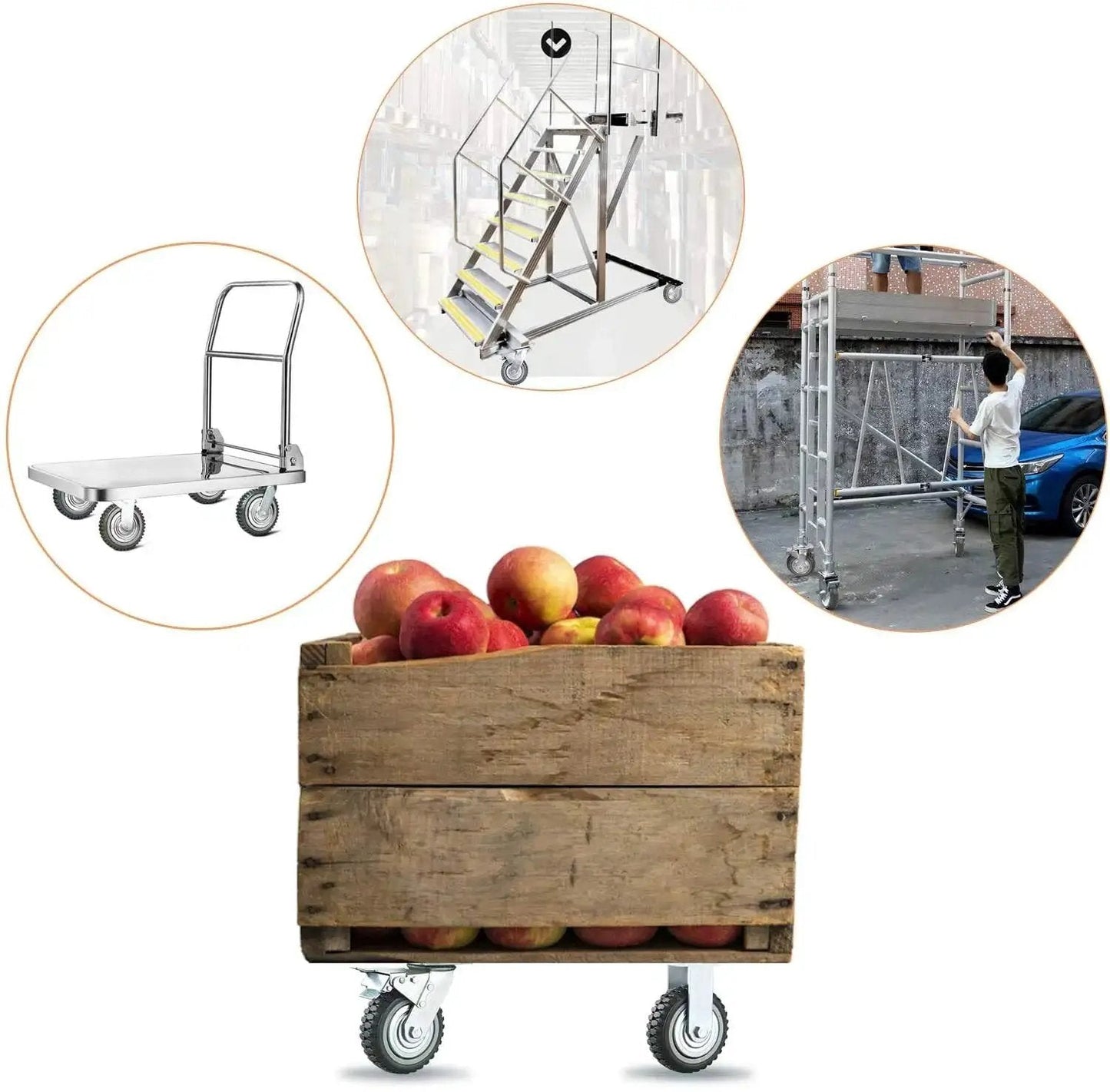 Wooden crate with apples on 8 Inch All Swivel Caster Wheels Set Heavy Duty Rubber Casters 360 Degree Top Plate Anti Skid 4 Pack