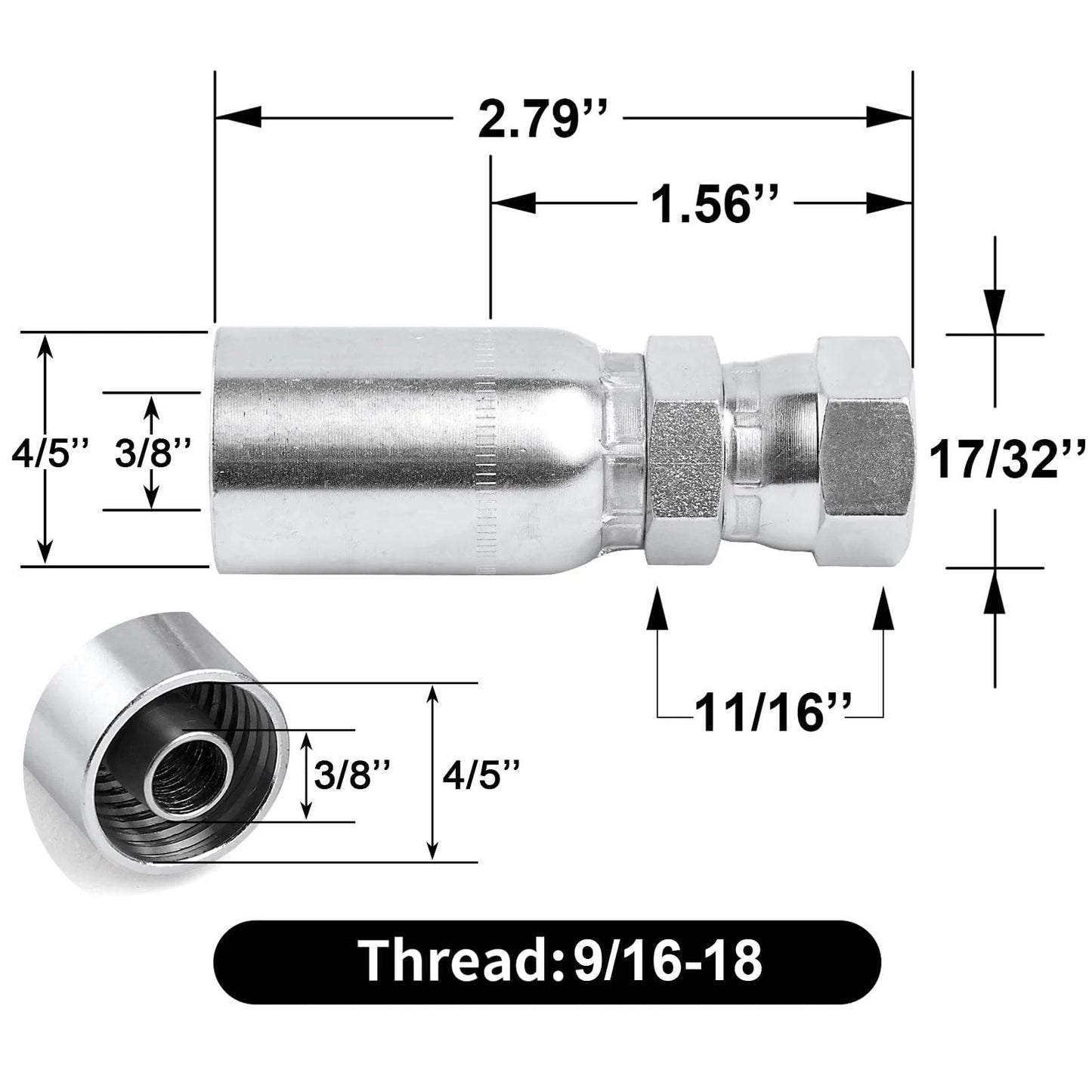 12 Pack Three Eighths Inch Hydraulic Hose Fittings Set For Three Eighths Inch Hose To JIC 37 Degree Female Swivel End Crimp Fittings Compatible With Dayco Weatherhead U Series Heavy Duty Carbon Steel close-up with dimensions