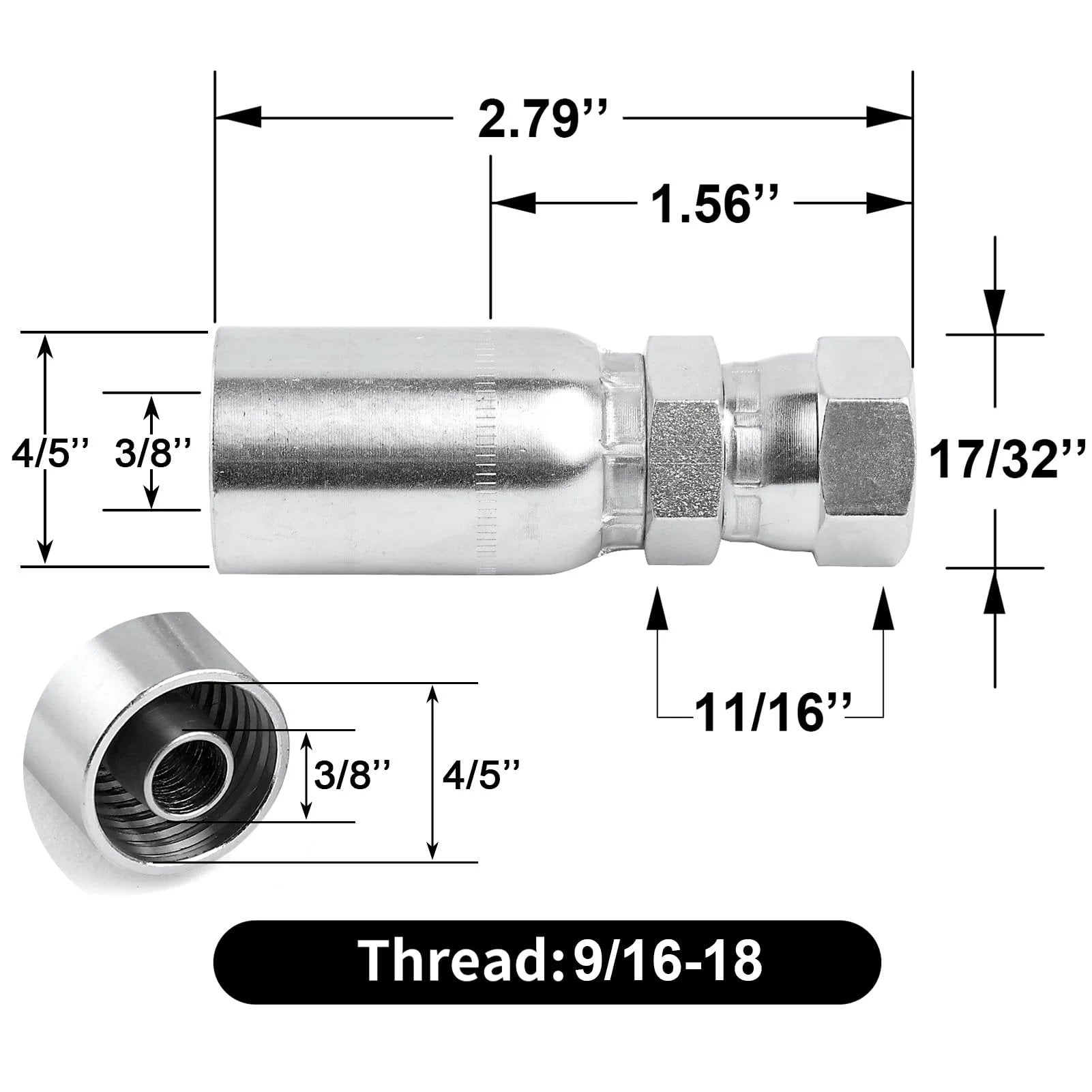 12 Pack Three Eighths Inch Hydraulic Hose Fittings Set For Three Eighths Inch Hose To JIC 37 Degree Female Swivel End Crimp Fittings Compatible With Dayco Weatherhead U Series Heavy Duty Carbon Steel close-up with dimensions