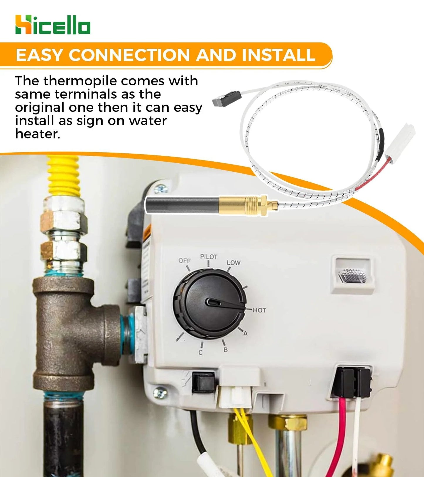 Gas Minivolt Thermopile Generator Replacement Direct OEM For Bradford White Natural Gas Water Heaters assembly shown installed