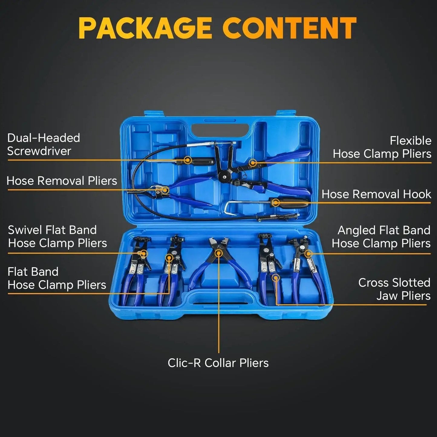 Long Reach Hose Clamp Pliers Set for Auto Fuel Oil Water Hoses 9 Pieces in blue case with labeled pliers and tools