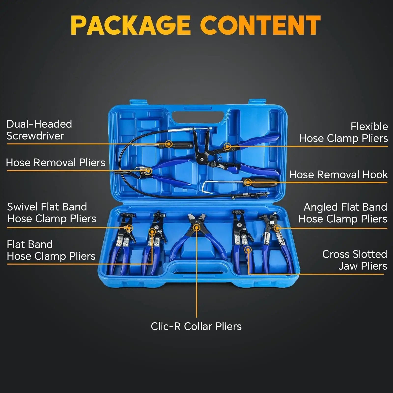 Long Reach Hose Clamp Pliers Set for Auto Fuel Oil Water Hoses 9 Pieces in blue case with labeled pliers and tools
