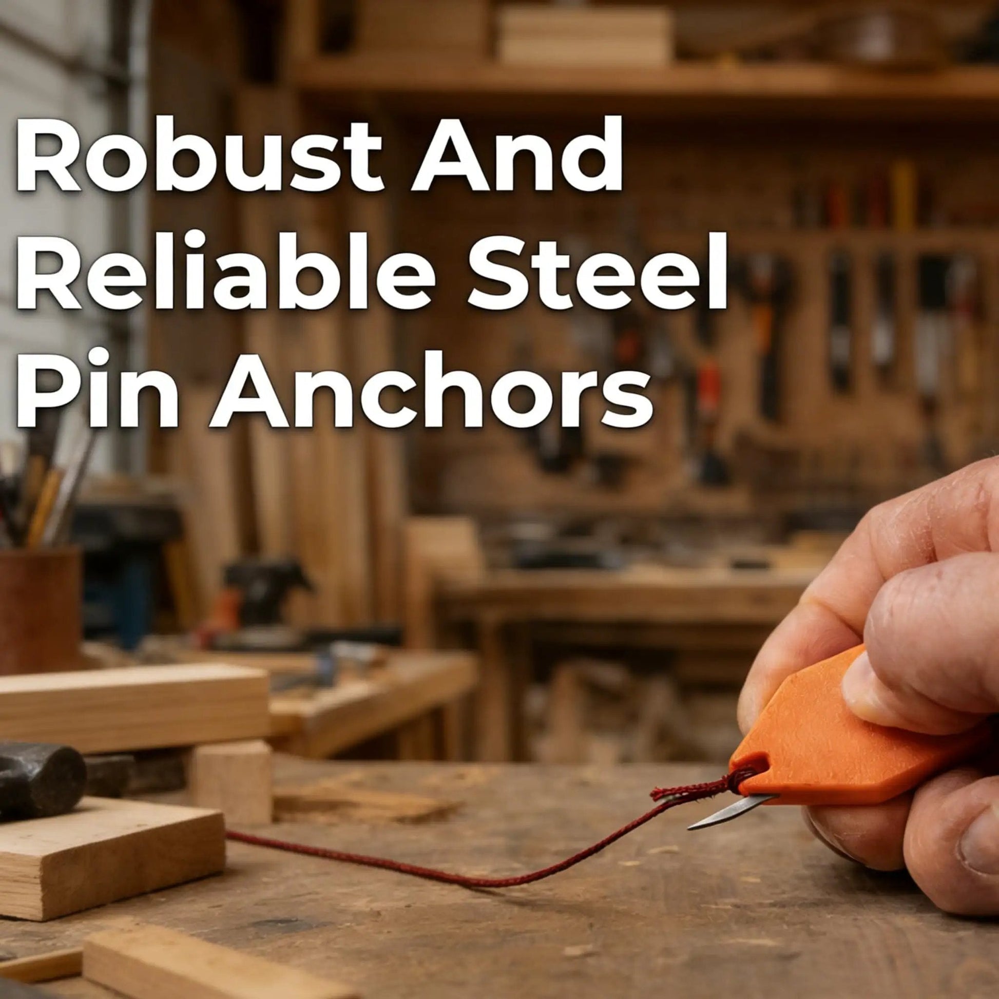 Rope Anchor Hook One-Handed Steel Pin Rope Fixer For Carpentry And Construction in use, orange tool holding red rope on workbench
