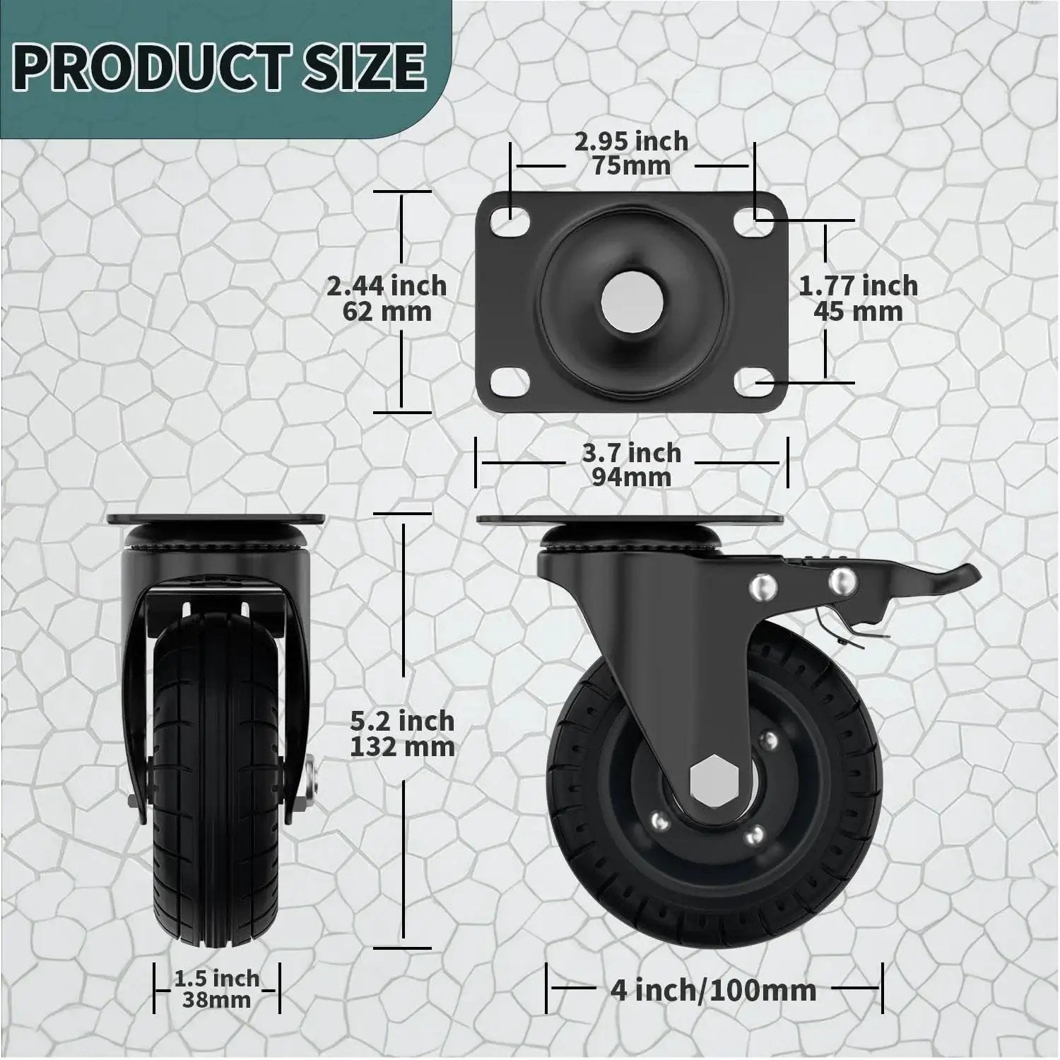 Diagram showing dimensions of 4 Inch Swivel Caster Wheels With Dual Brakes Up To 1000 Lbs Load Capacity, highlighting plate and wheel size.