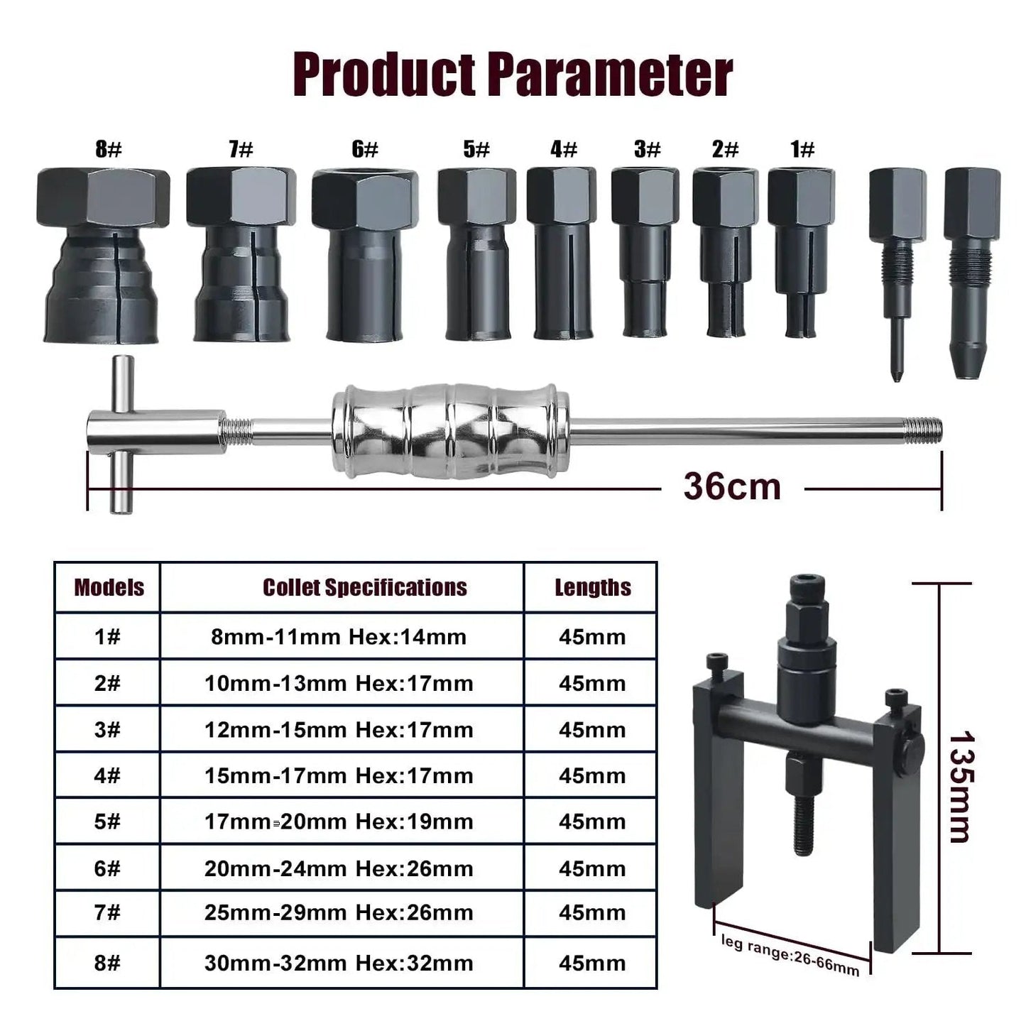 12 Piece Motorcycle Blind Inner Bearing Puller Kit with Slide Hammer and Collets 8mm to 25mm shown with tool sizes chart
