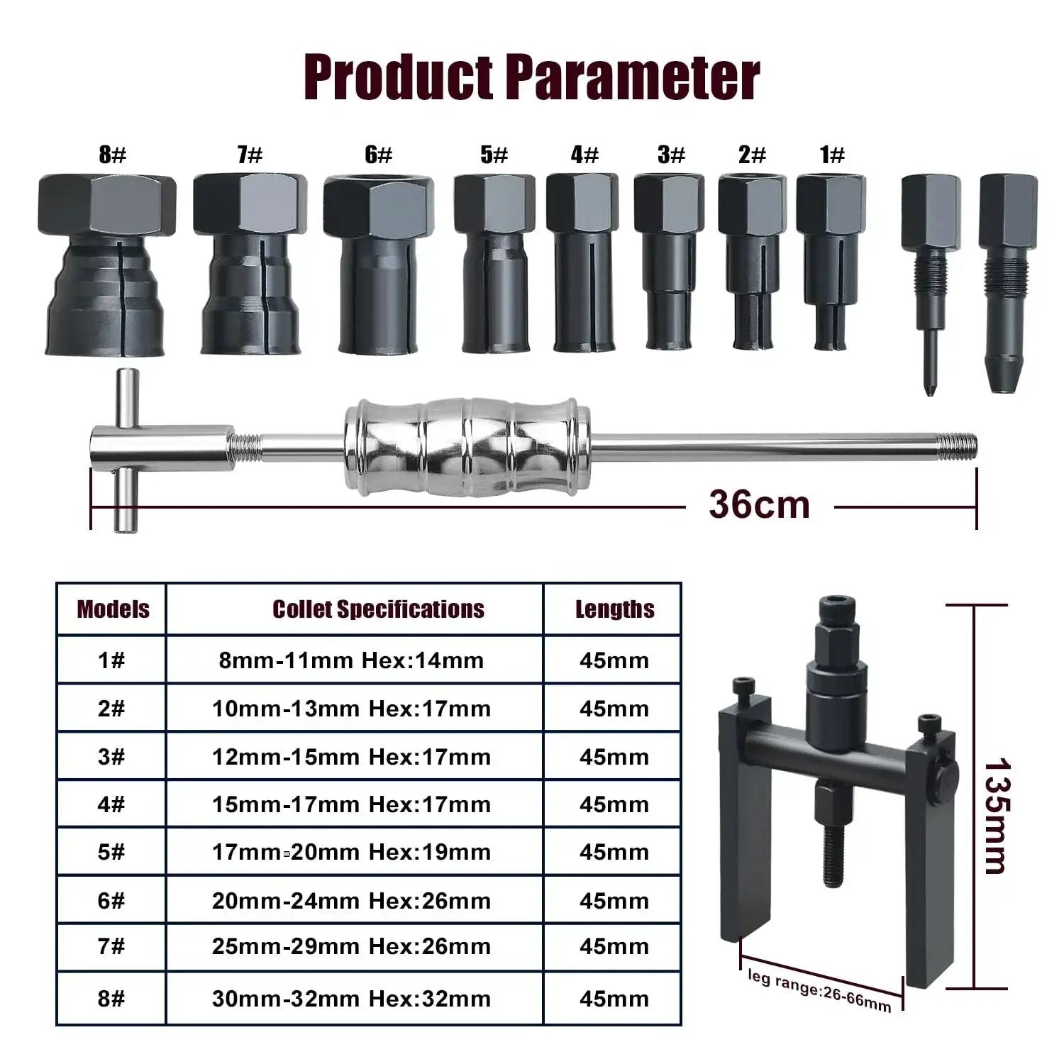 12 Piece Motorcycle Blind Inner Bearing Puller Kit with Slide Hammer and Collets 8mm to 25mm shown with tool sizes chart