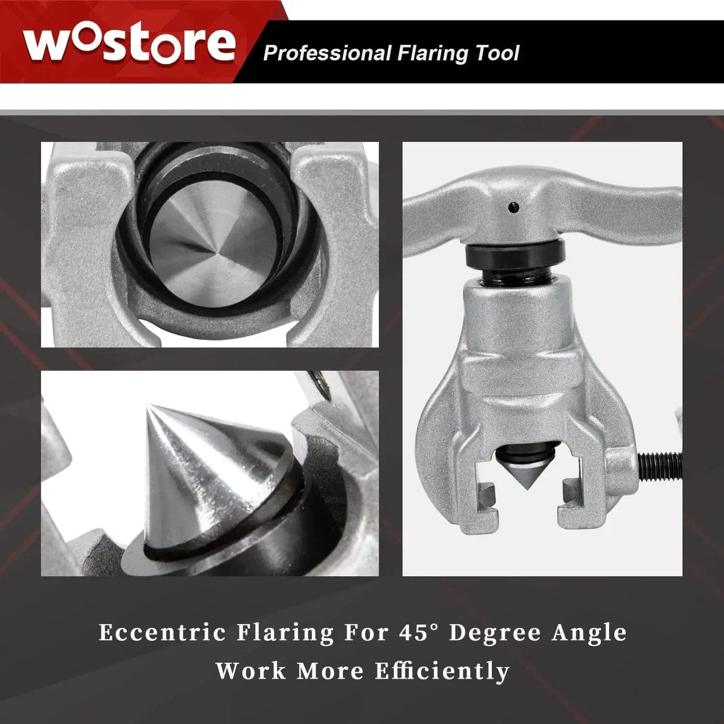 Close-up of 7 Die Set Eccentric Flaring Tool With 45 Degree Tube Cutter for HVAC showing steel cone and body design.