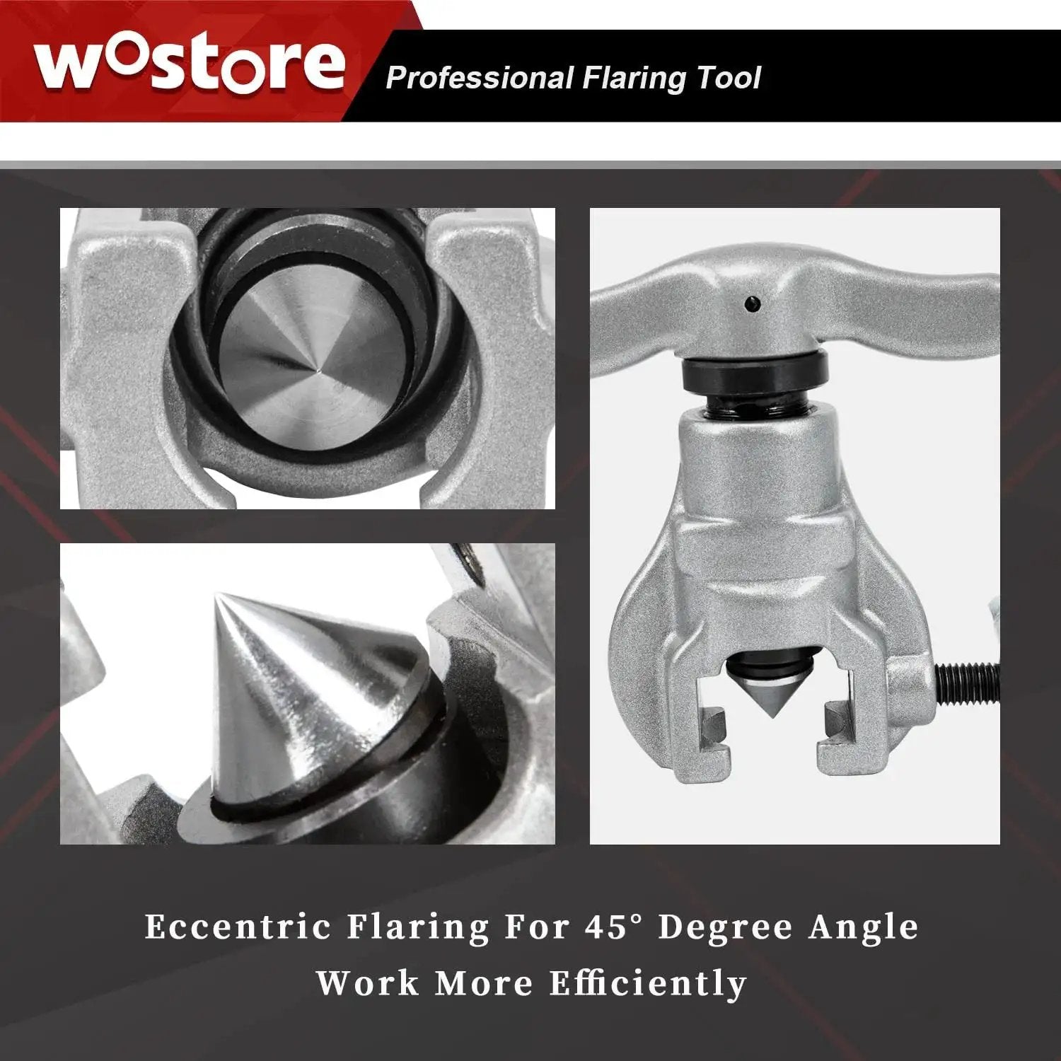 Close-up of 7 Die Set Eccentric Flaring Tool With 45 Degree Tube Cutter for HVAC showing steel cone and body design.