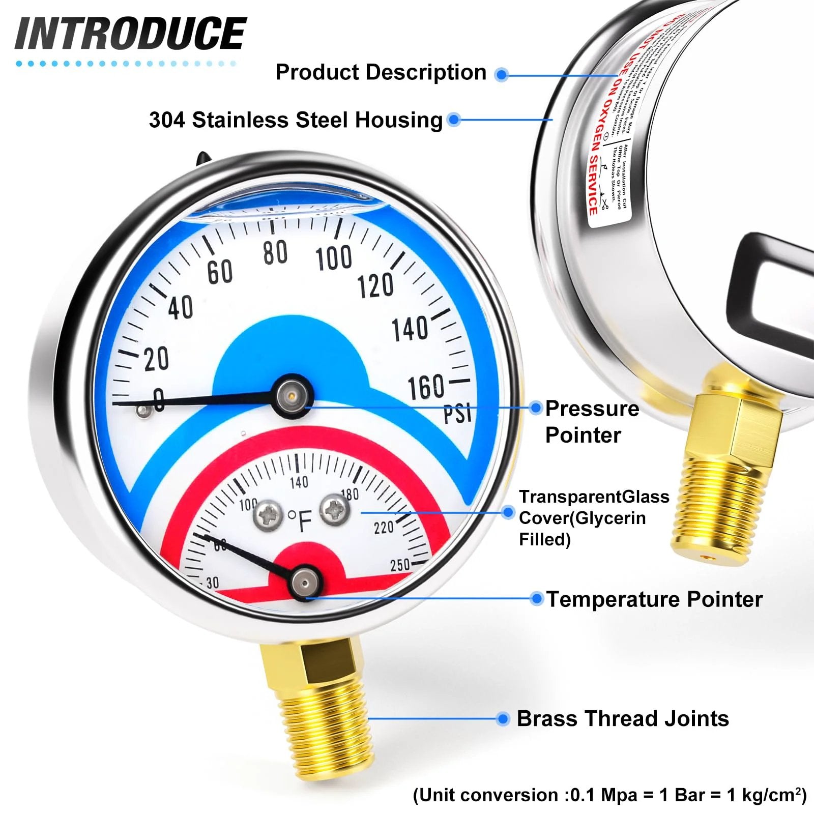 Pro Grade Stainless Steel Thermal Pressure Gauge 0 To 160 Psi With 2.5 Inch Dial Lower Mount One Quarter Inch NPT Temperature Range 30 To 250 F Liquid Filled