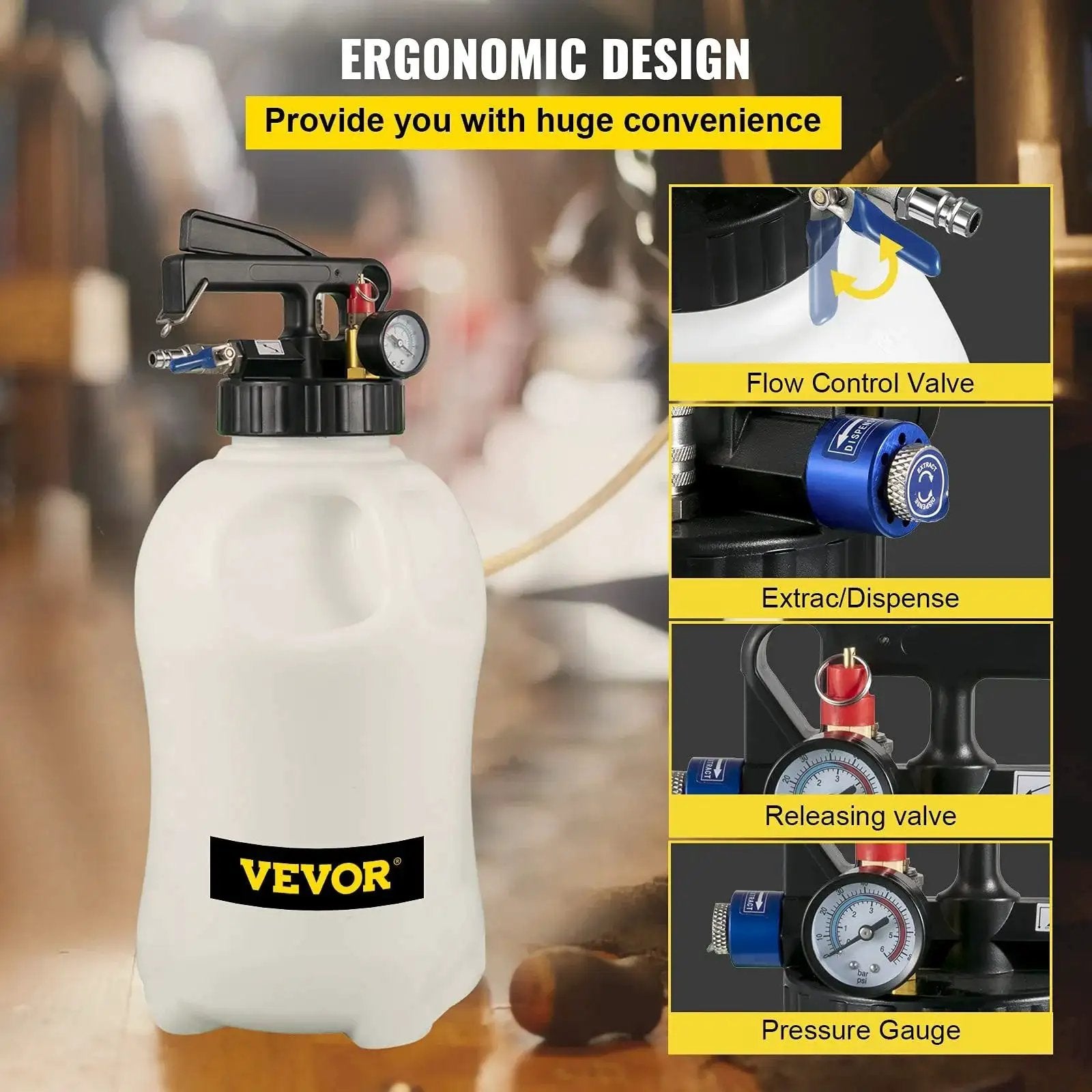 Two Way ATF Transmission Fluid Pump Dispenser Kit With 14 Adapters 10L Capacity showing control valves and gauge