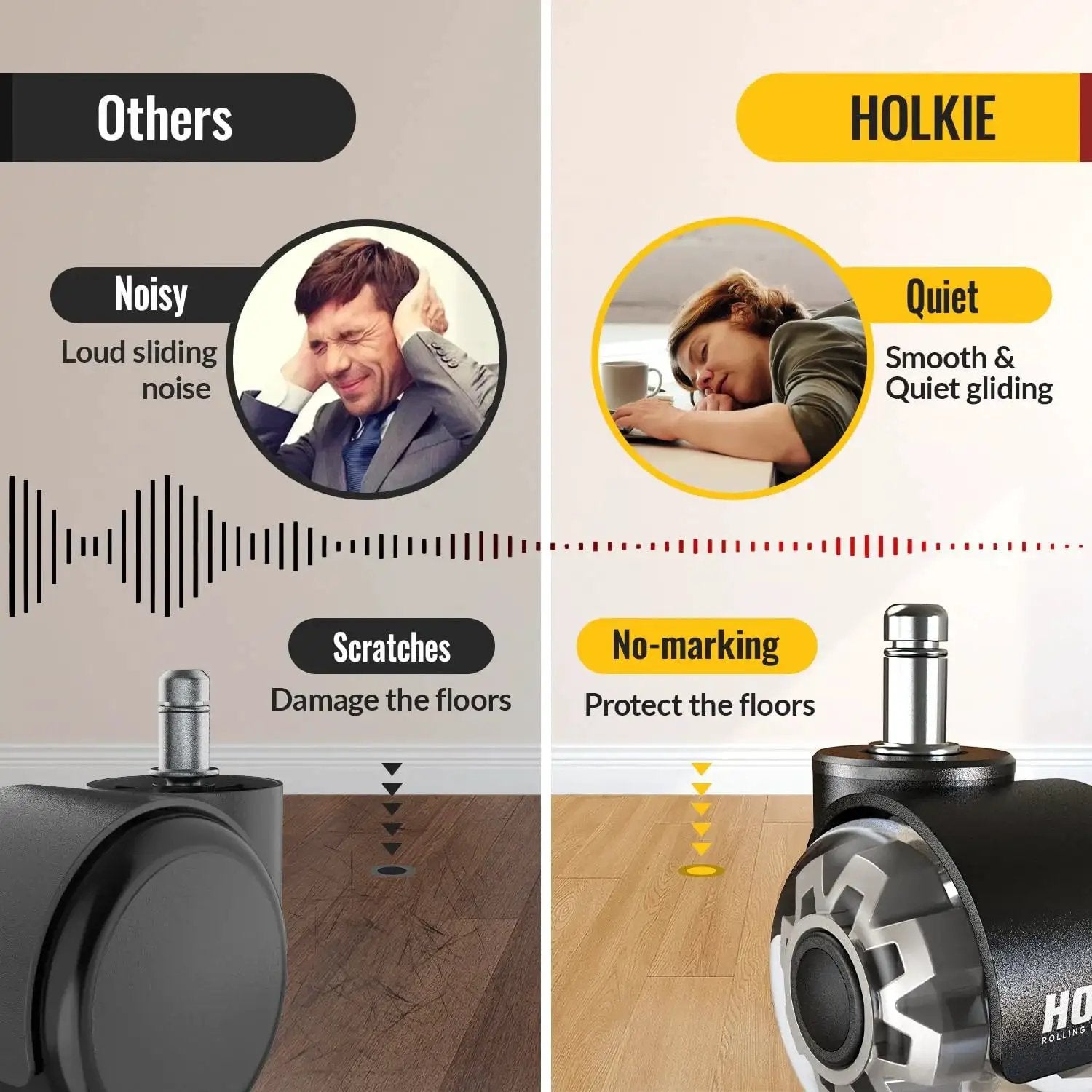 Comparison of noisy office chair wheels and Holkie Office Chair Wheels Grey Dual Rubber 2 Inch Replacement Casters with 360 Degree Swivel for quiet rolling.