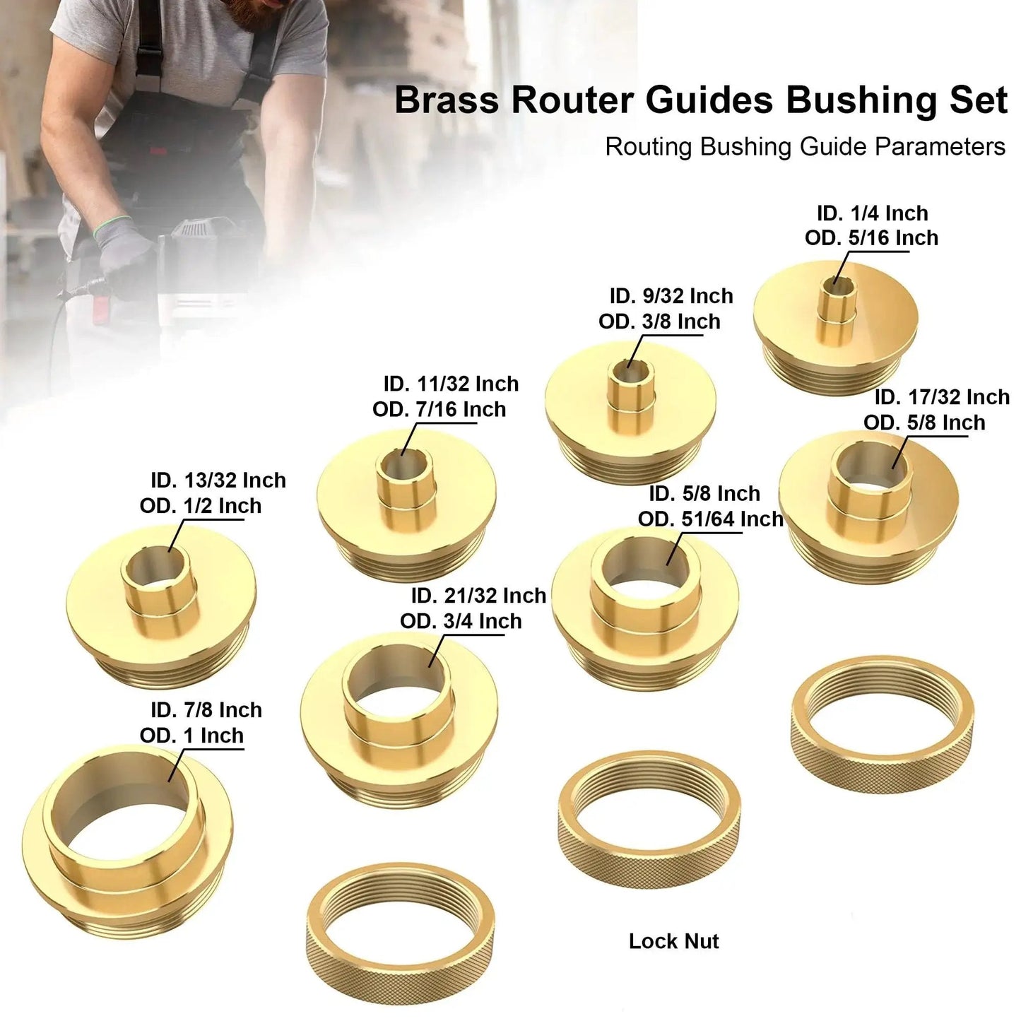 Image of a Precision Brass Router Template Bushing Guide Set, 11 Pcs with various sizes displayed, highlighting durable brass construction.