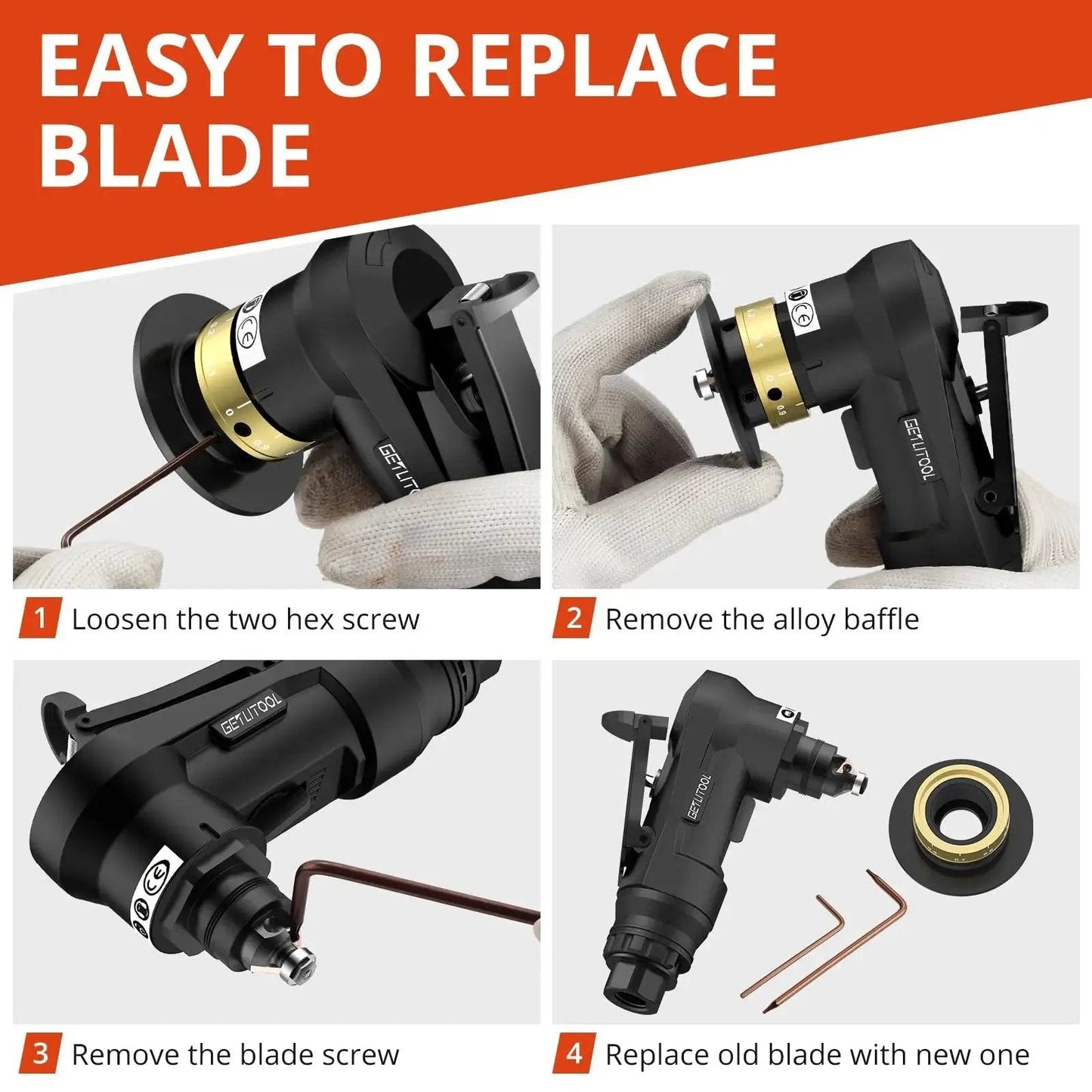Pneumatic Chamfering Tool Kit Pro Grade With 12 C Angle And 10 R Angle Tungsten Blades For Precise 0.1 To 1.5 Mm Chamfers 45 Degree Deburring Tool At 30000 RPM Four Speed Control For Metal Wood PVC And Pipe, shown with blade replacement steps.