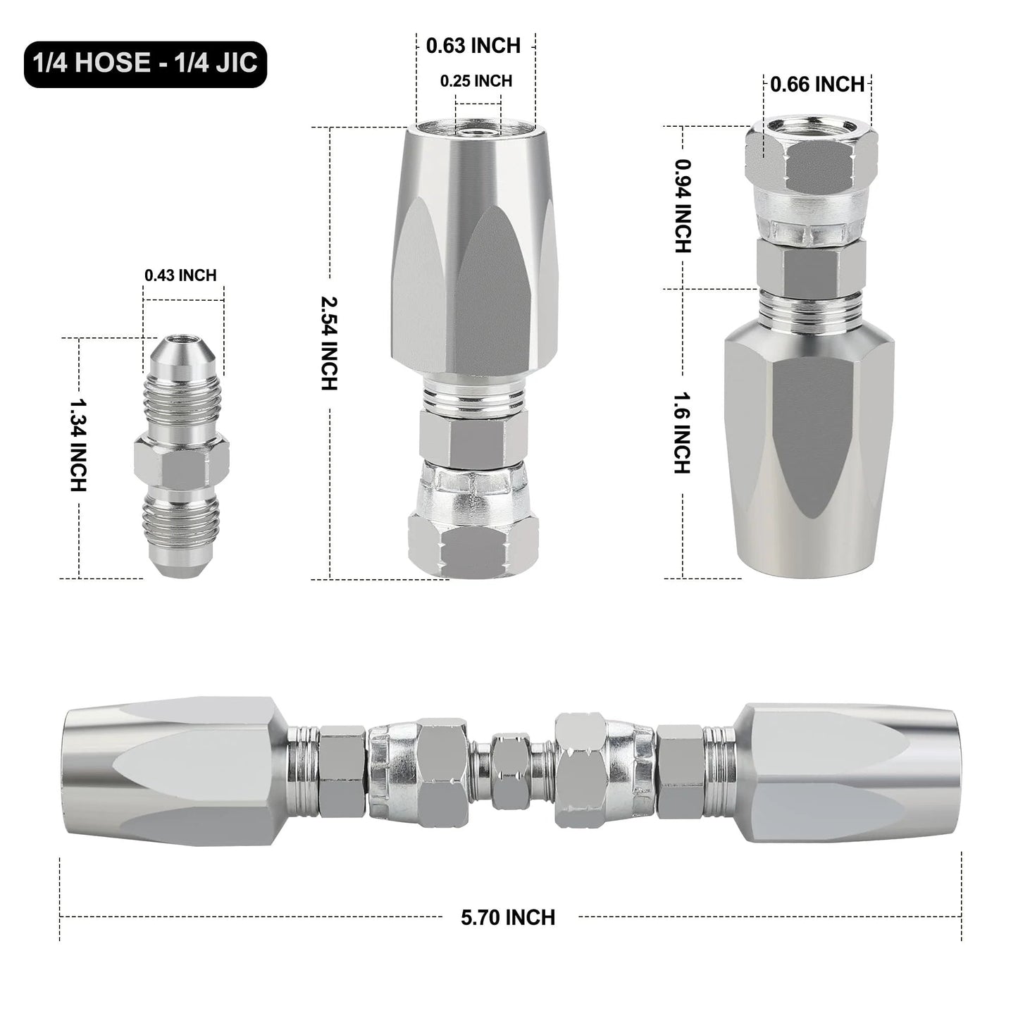 Reusable Hydraulic Hose Repair Fittings Kit 4 Piece Set For One Half Inch ID, Three Eighth Inch ID, And One Quarter Inch ID Hoses, close-up with dimensions.