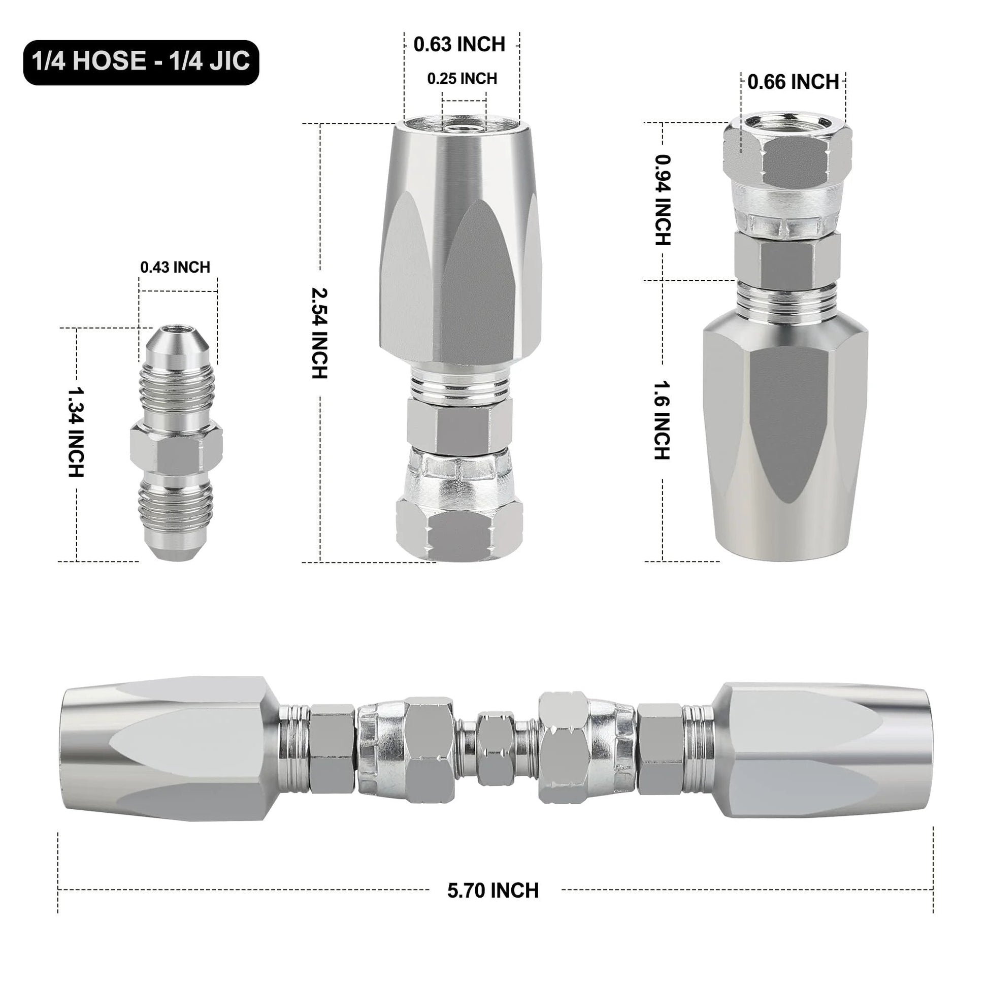Reusable Hydraulic Hose Repair Fittings Kit 4 Piece Set For One Half Inch ID, Three Eighth Inch ID, And One Quarter Inch ID Hoses, close-up with dimensions.