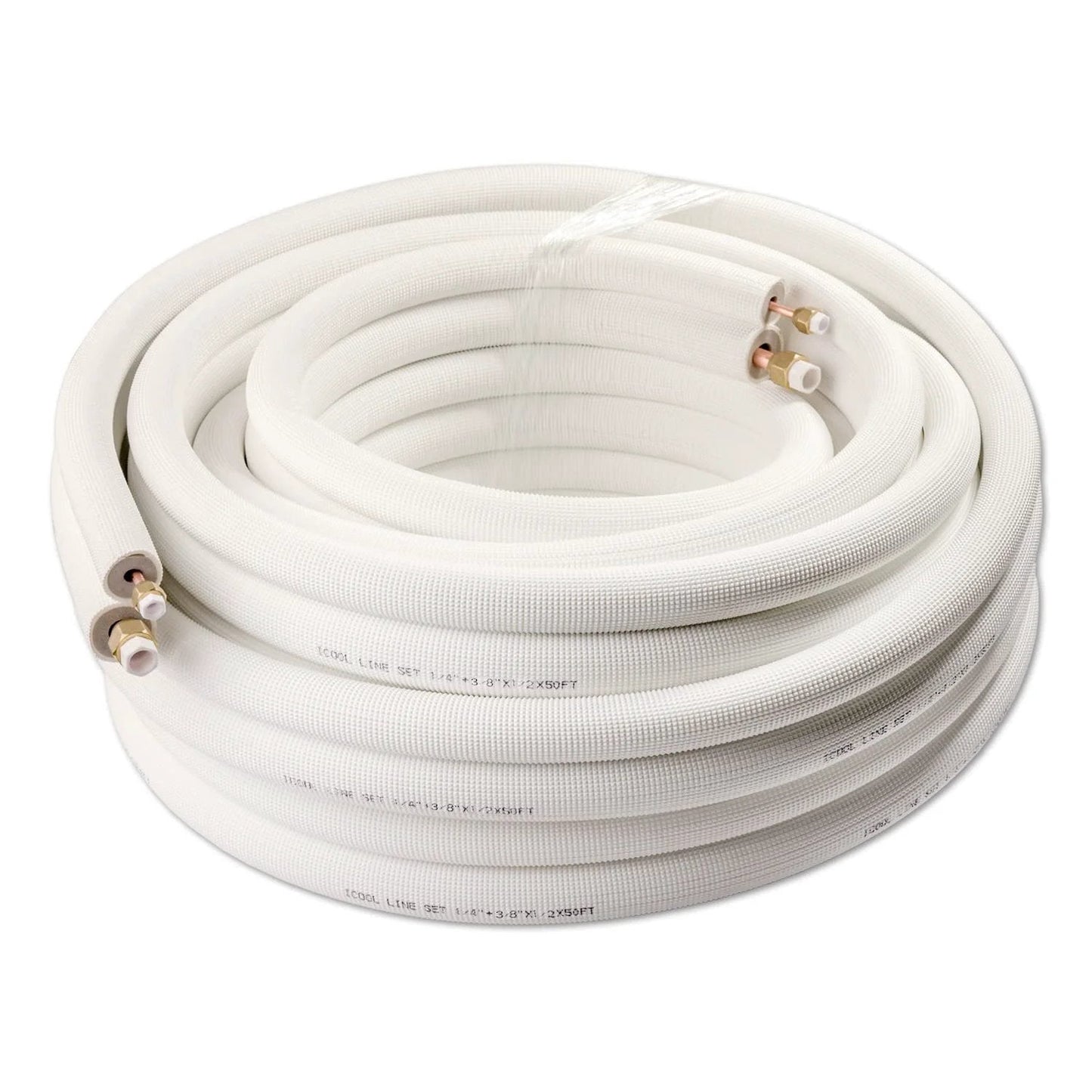Coiled Fifty Foot Mini Split Line Set With Twin Copper Tubes One Quarter Inch And Three Eighth Inch Outside Diameter, Thickened Polyethylene Insulated