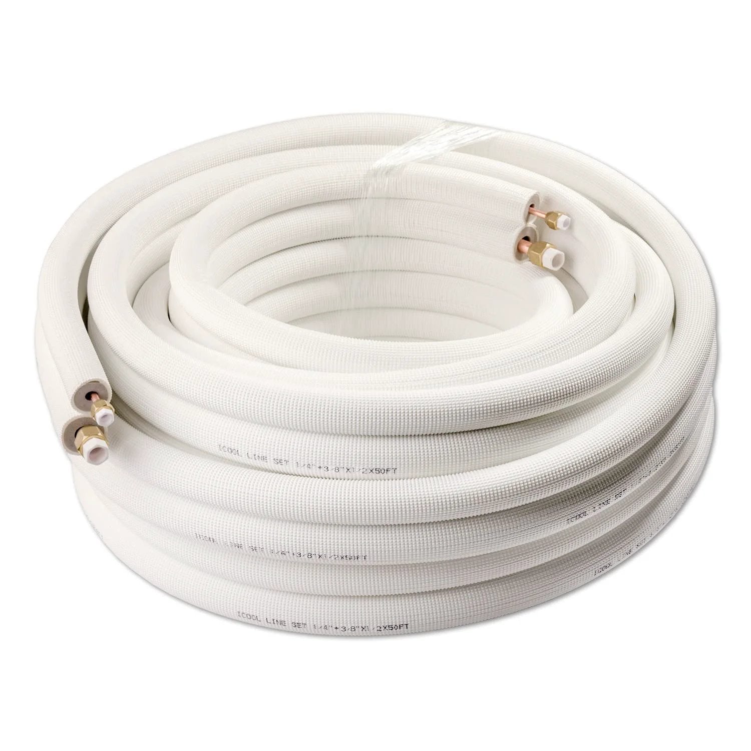 Coiled Fifty Foot Mini Split Line Set With Twin Copper Tubes One Quarter Inch And Three Eighth Inch Outside Diameter, Thickened Polyethylene Insulated