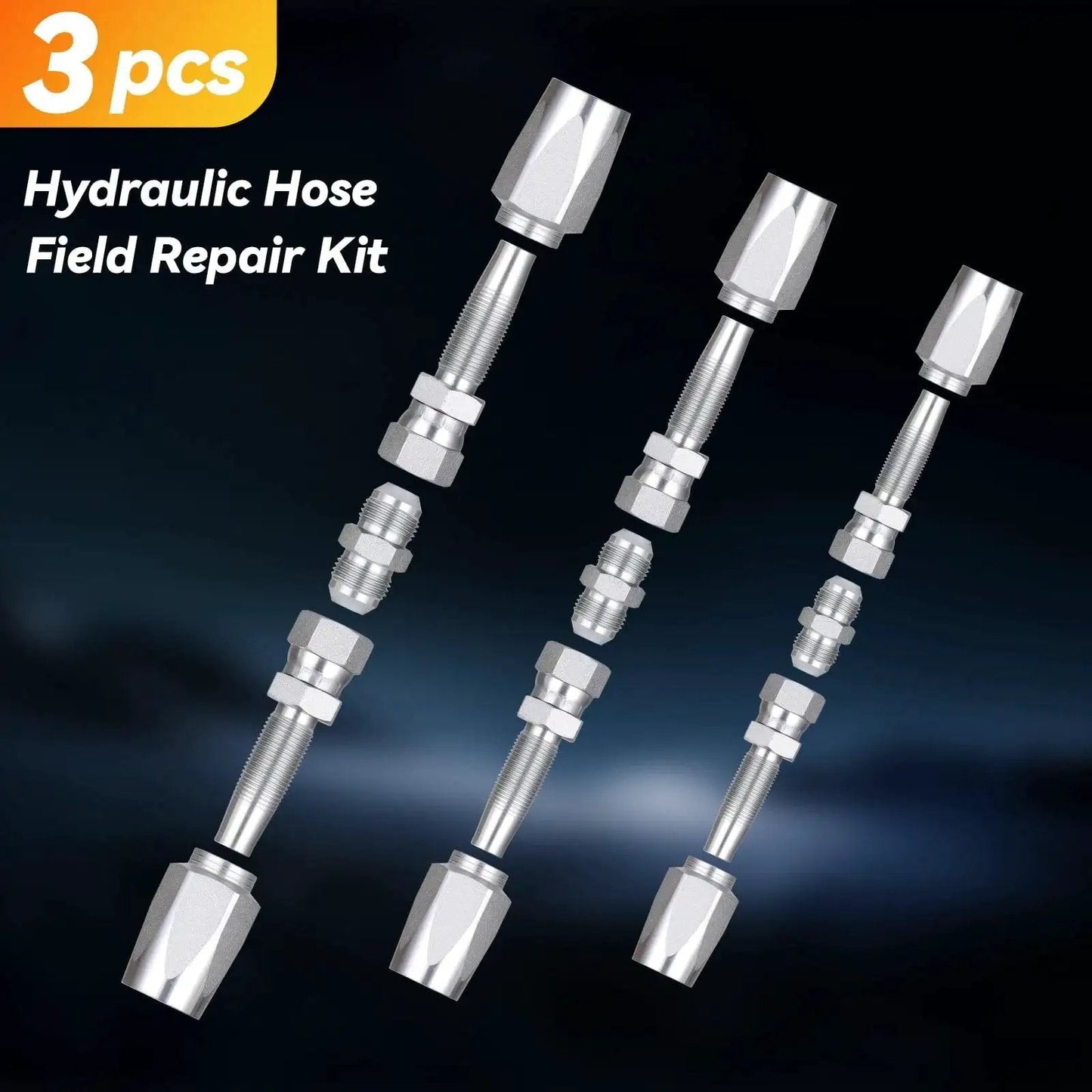 Image of Hydraulic Hose Field Repair Kit with three metallic hoses and fittings for 1/4", 3/8", 1/2" inner diameters