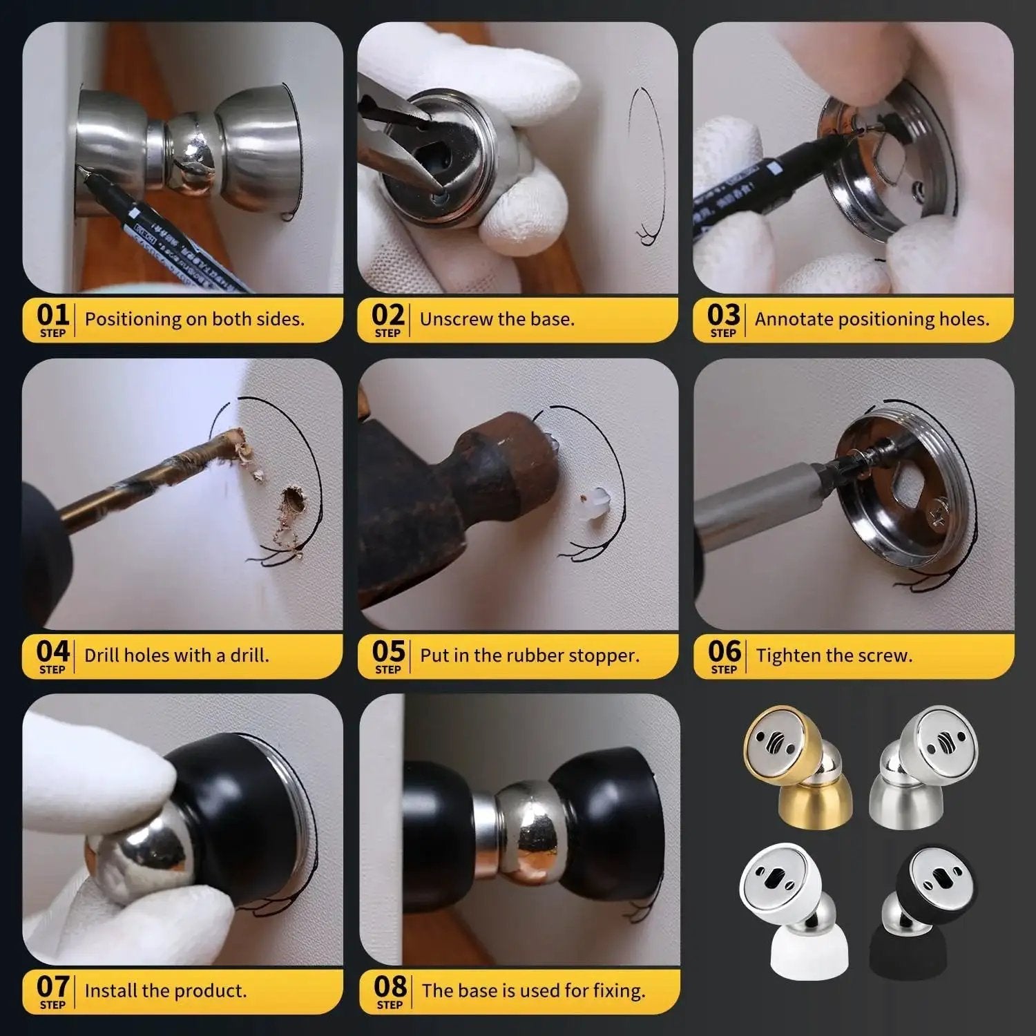 Installation steps for Powerful Magnetic Door Stopper Set Of 2 Stainless Steel Mini Door Stops with different finishes.