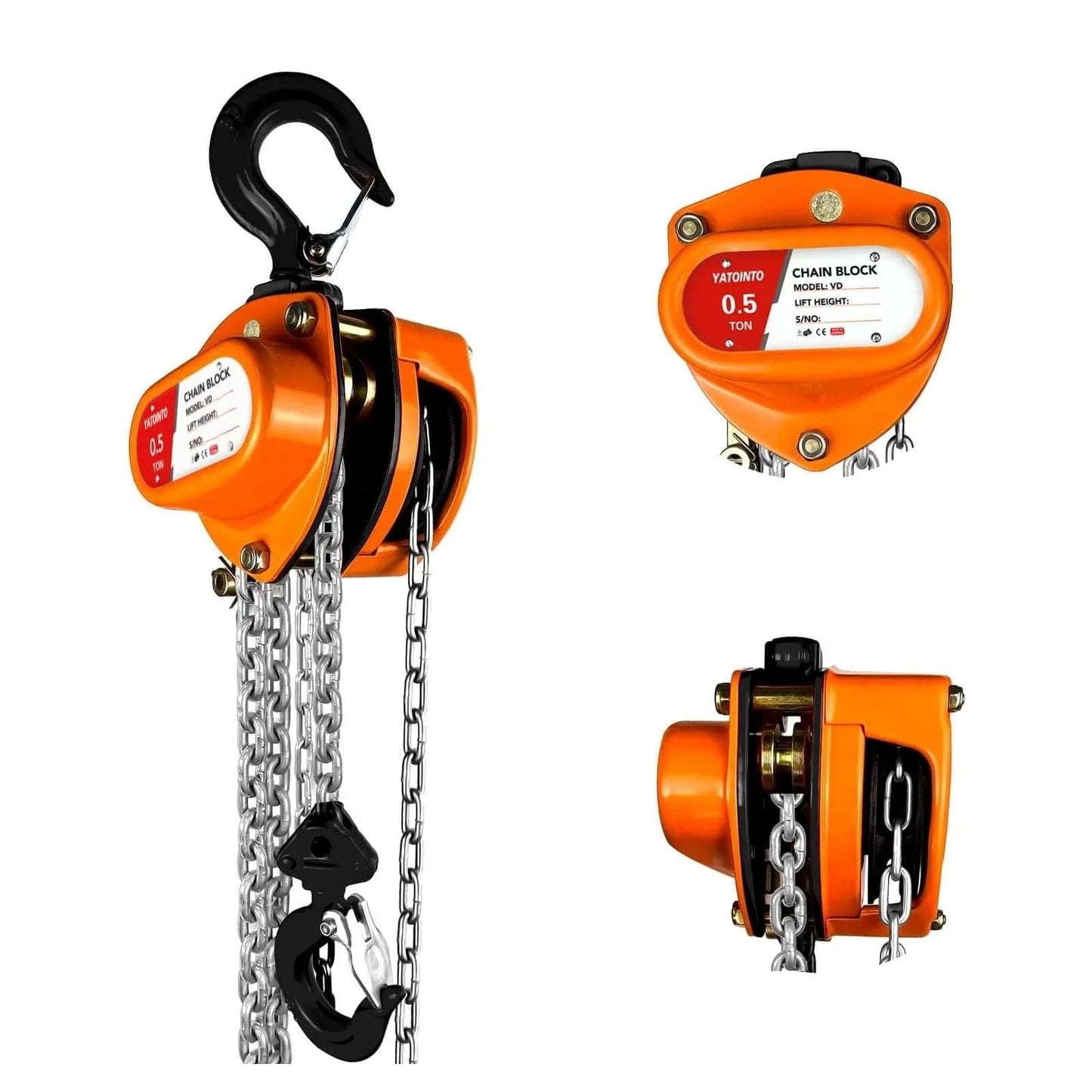 Half Ton Manual Chain Hoist With 10 Ft Lift And 1100 Lb Capacity Dual Hooks Industrial Grade for Garages Automotive, close-up view