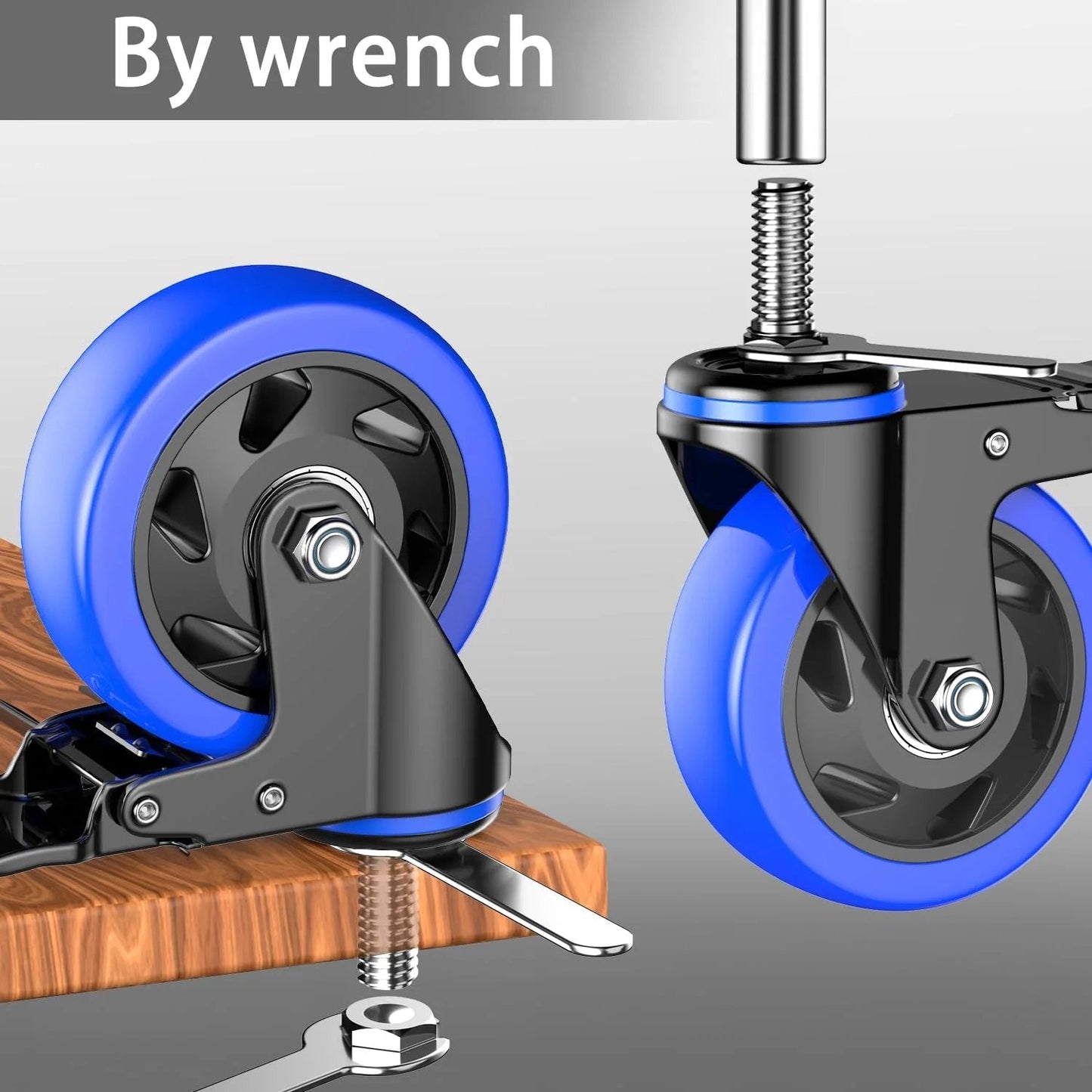 4 Inch Heavy Duty Stem Caster Wheels Set Of Four With Locking Swivel Casters 2000 Lbs Capacity mounted on wood by wrench use