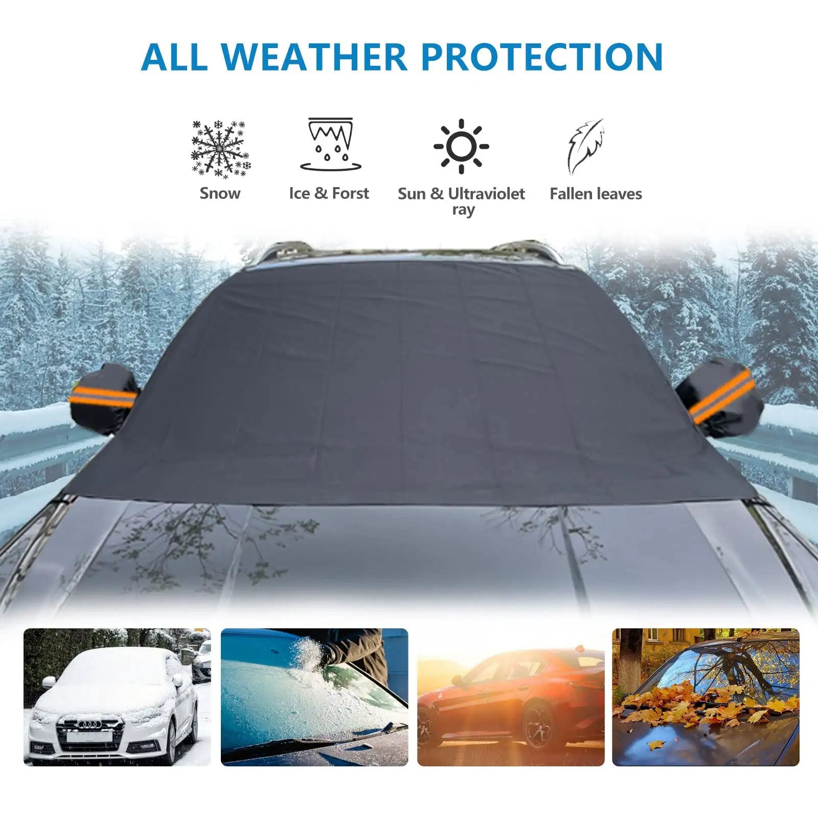 Thickened All Weather Windshield Cover For Ice And Snow With Side Mirror Covers Waterproof Frost Shield For Cars SUVs And Vans Easy Install Outdoor Windshield Protector 75 By 47 Inches on a car with all weather features.
