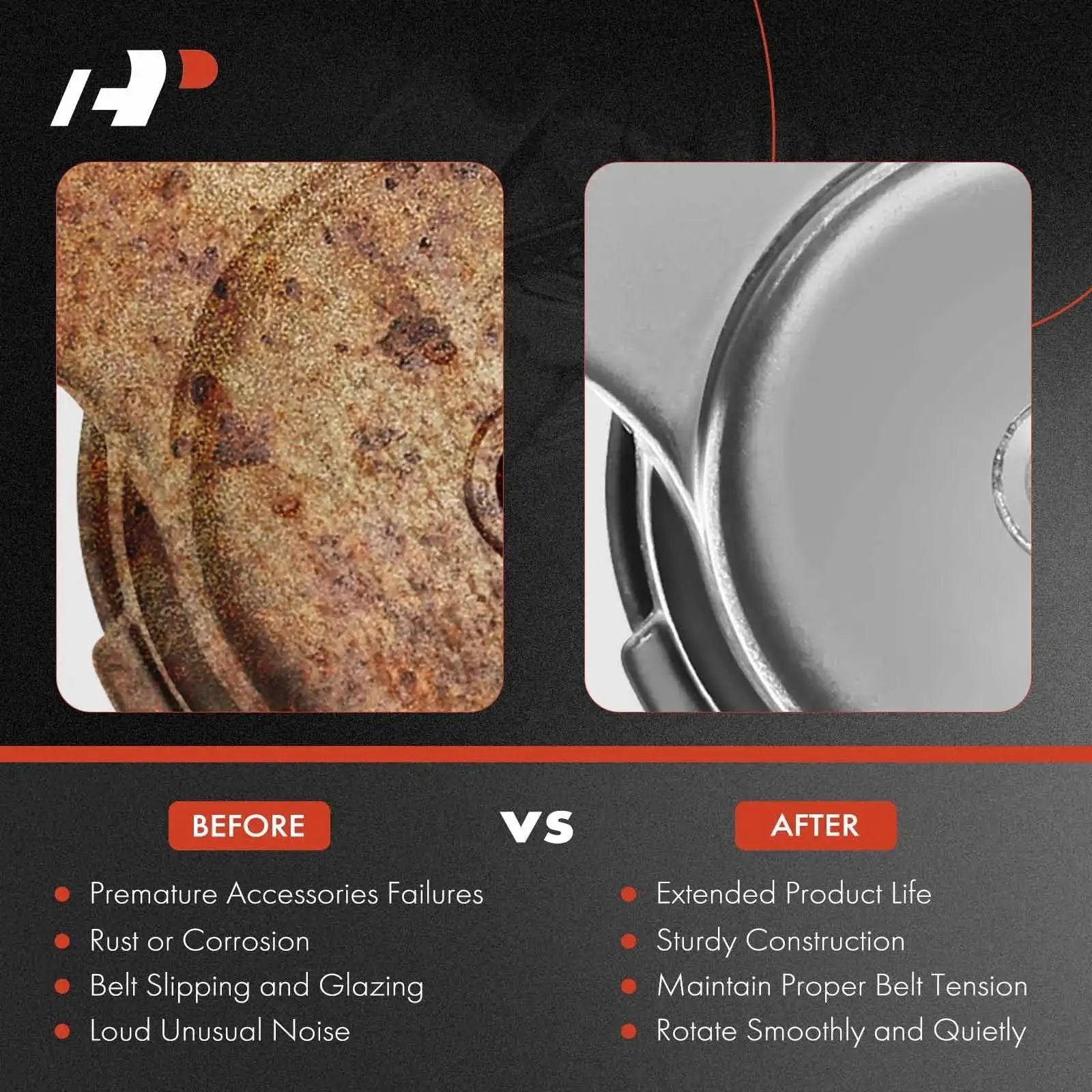 Comparison of old and new heavy duty belt idler pulley replacement for Jeep Grand Cherokee illustrating before and after conditions