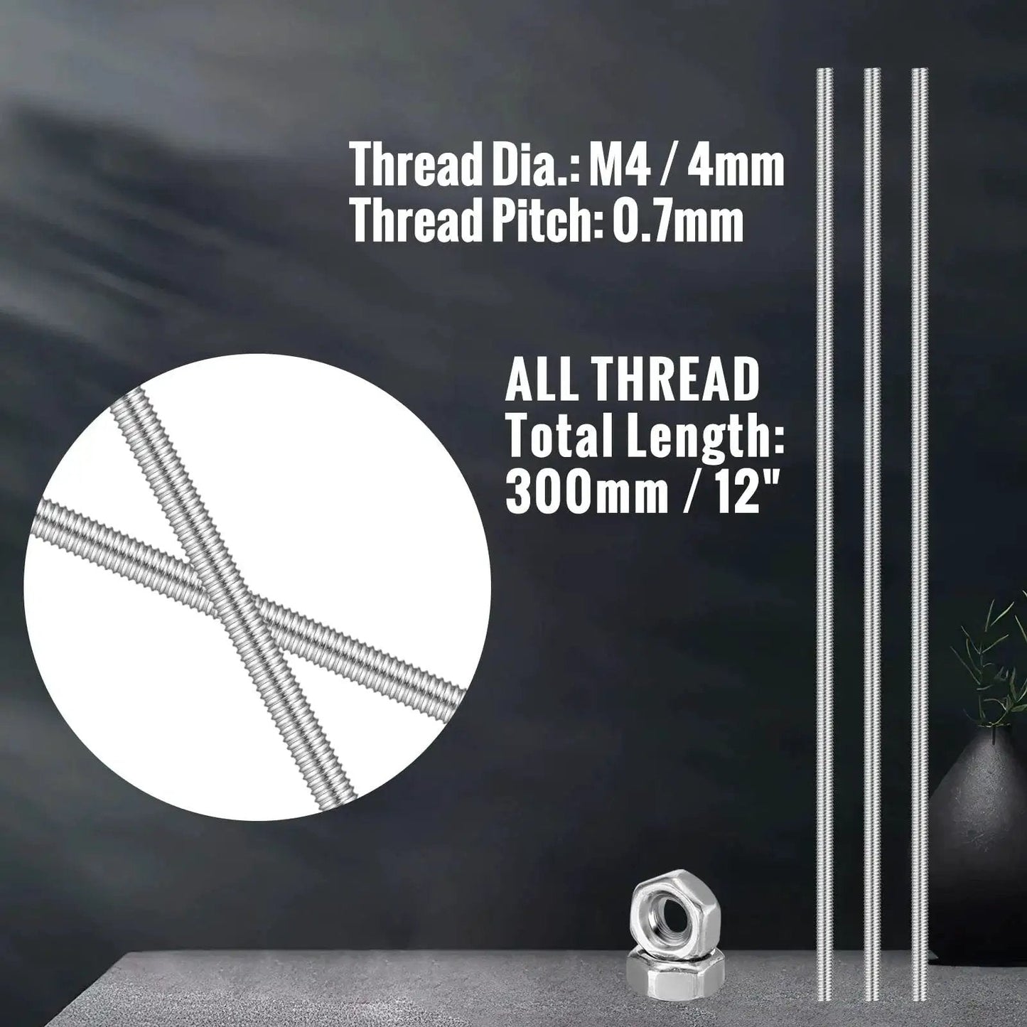 Stainless Steel 4mm Threaded Rods With Hex Nuts 12in Garden Stakes Kit 24 Pcs, close-up view showing threads and dimensions
