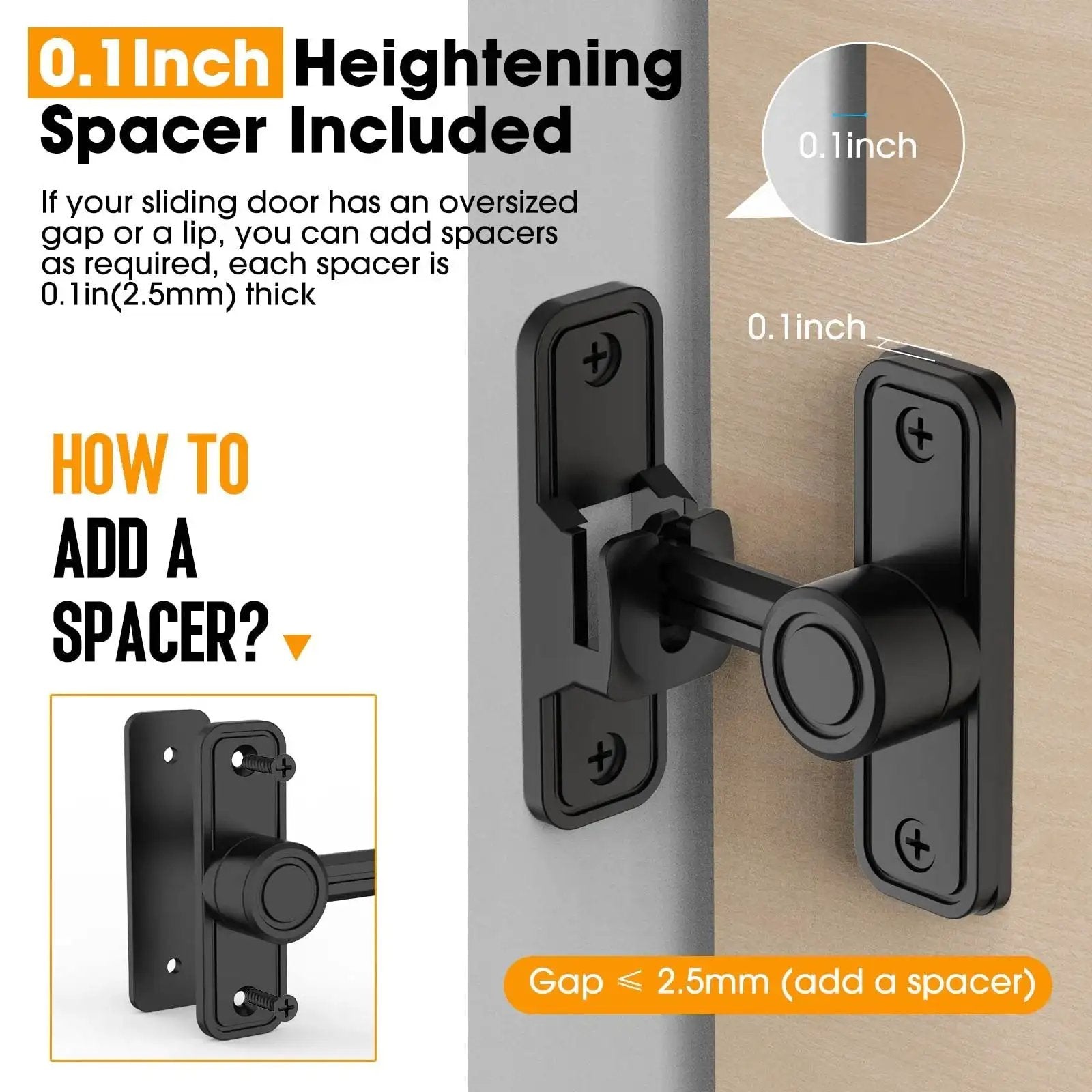 Sliding Barn Door Lock Hardware With 2-In-1 Keyless Entry And 90/180 Degree Mounting, Space Saving Flip Gate Latch in black with spacer included for 0.1-inch gap on door