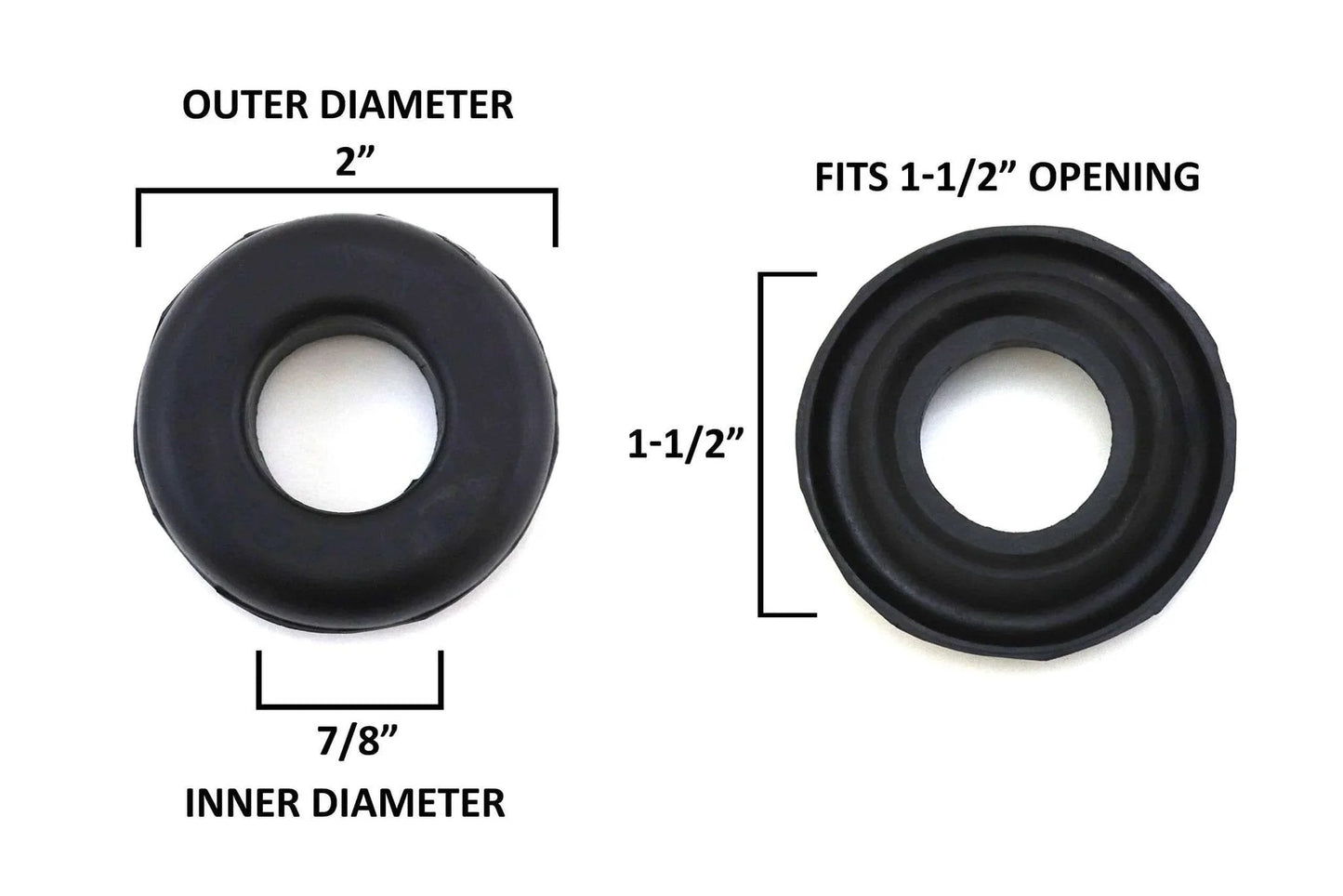 Universal Rubber Grommet Set, Two Inch Outside Diameter, Seven Eighths Inch Inside Diameter, Fits One And One Half Inch Openings