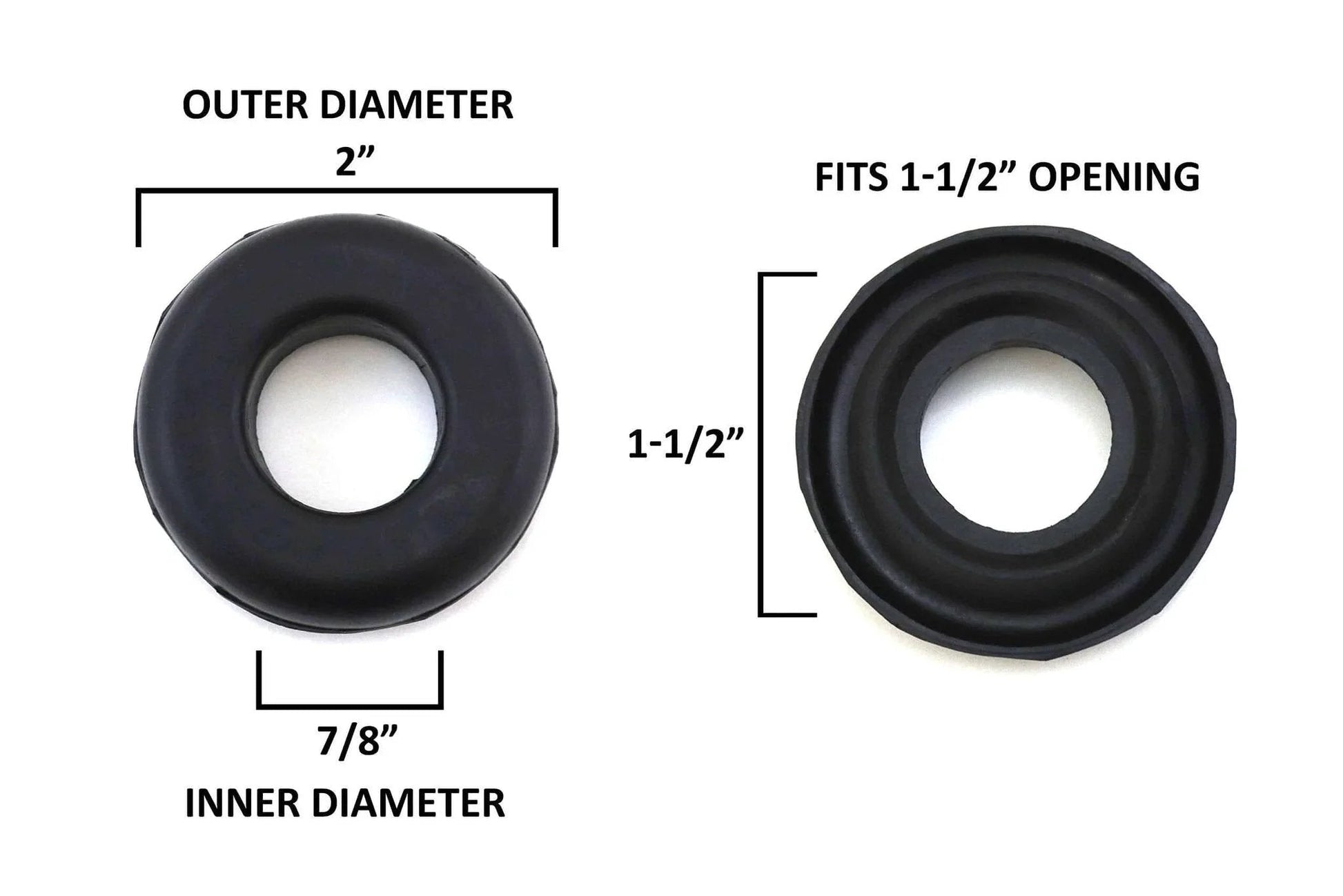 Universal Rubber Grommet Set, Two Inch Outside Diameter, Seven Eighths Inch Inside Diameter, Fits One And One Half Inch Openings