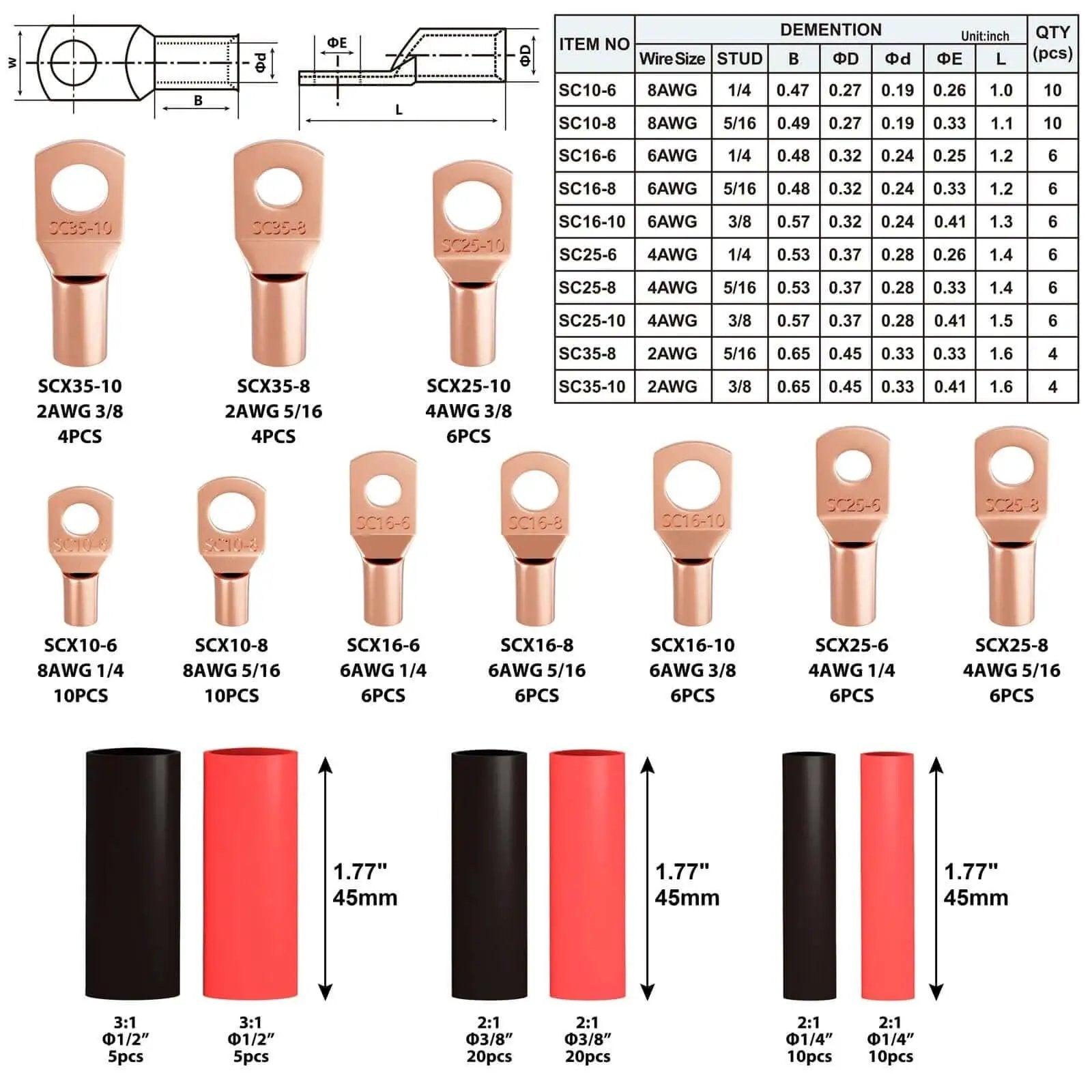Diagram showing 64 ring terminals and 70 heat shrink tubes from No Fuss Battery Lug Crimping Tool For AWG 10 To 1 0 Wire Kit.