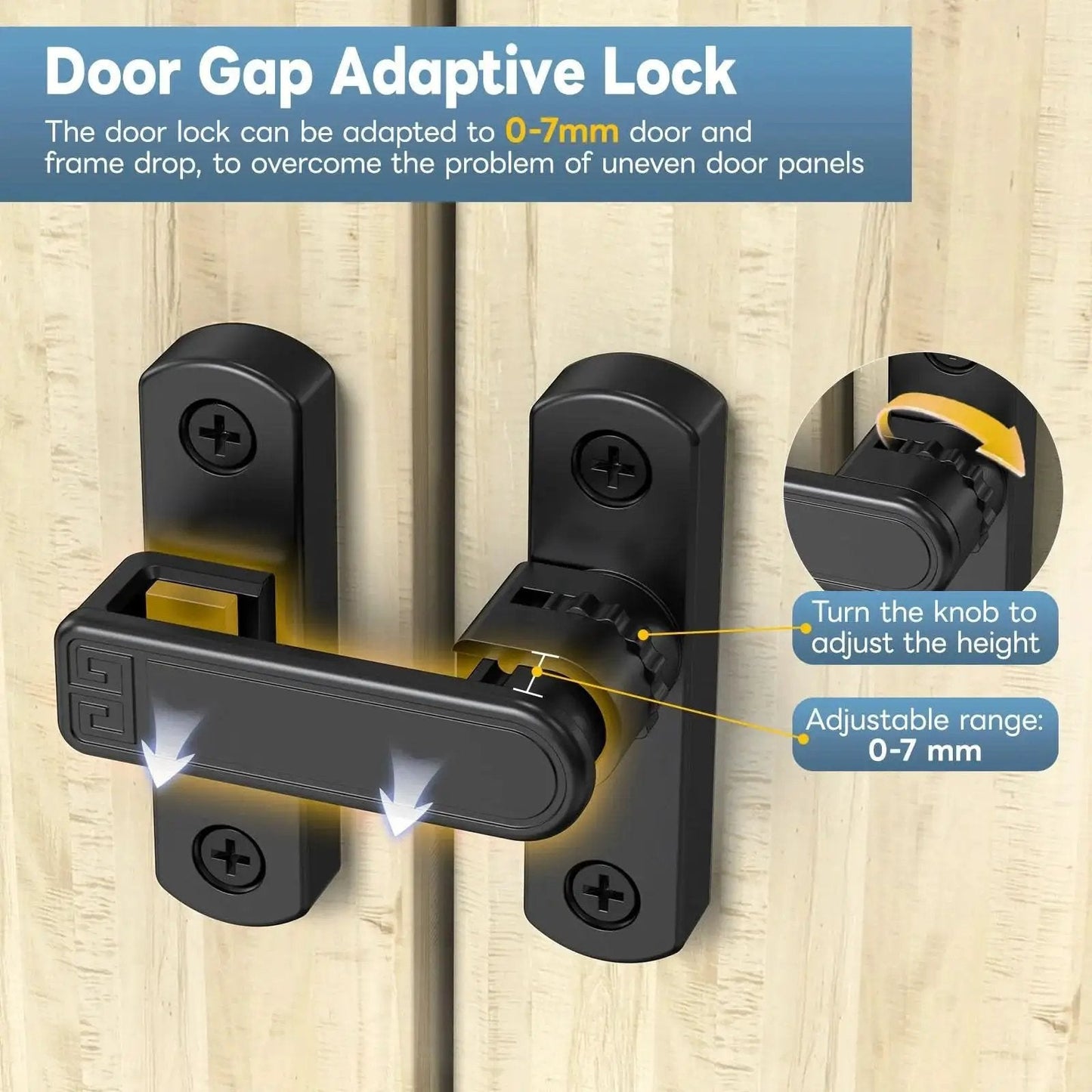 90 And 180 Degree Sliding Barn Door Lock Adjustable Zinc Alloy Security Latch installed on wooden gate showing adjustment knob.