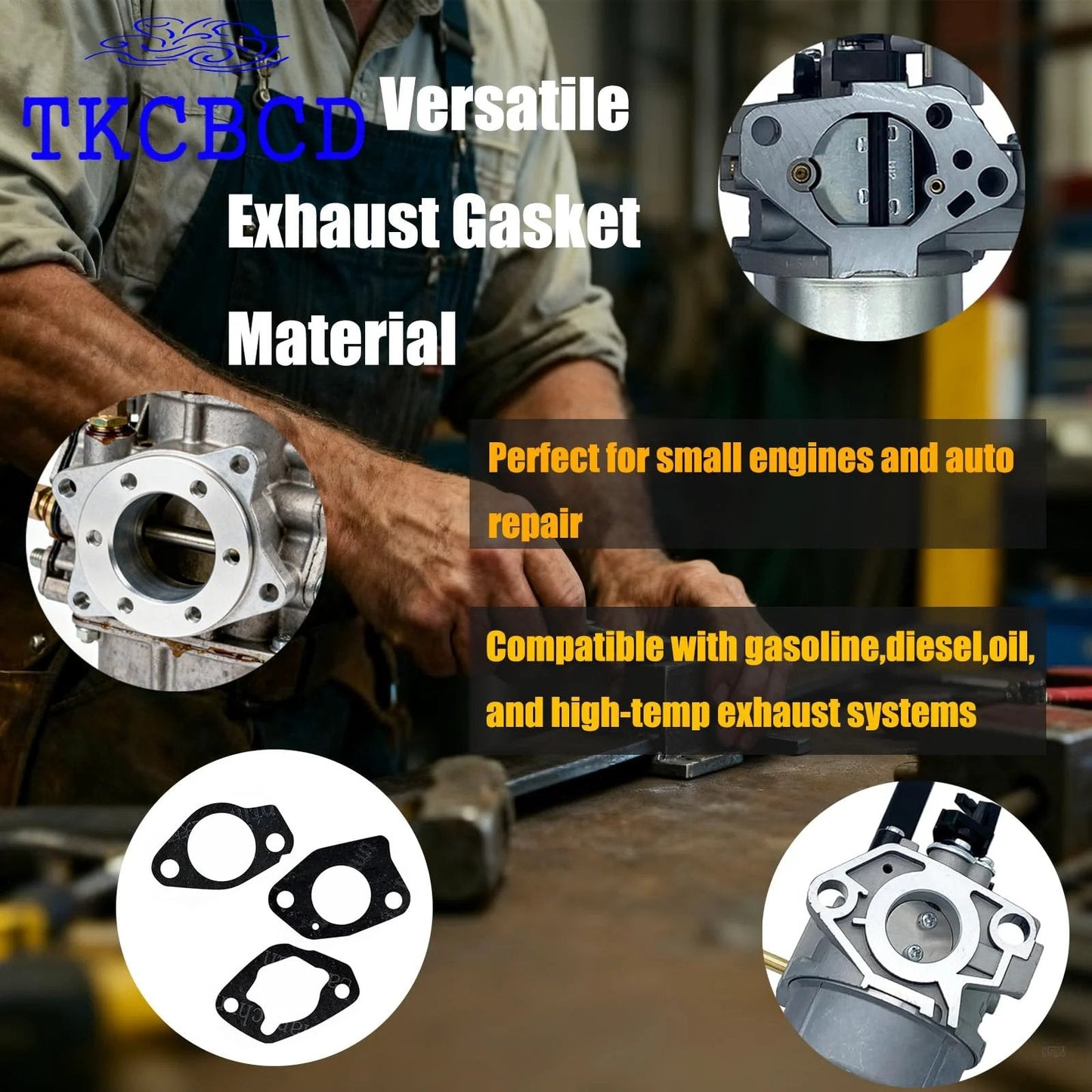 Non Asbestos Gasket Material Sheet Set 15x11.8 Inches for DIY Engine Gaskets High Temperature Material in 0.8mm 1mm and 1.2mm Thickness image showing versatile application for small engines and exhaust systems.