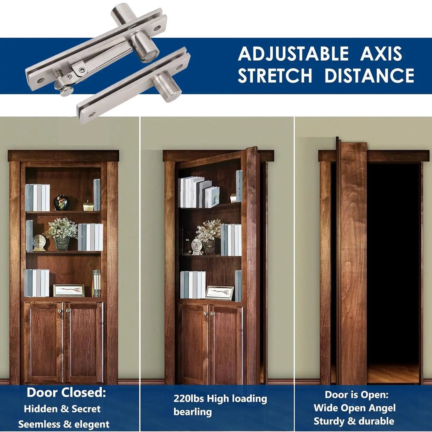 Beefy Heavy Duty Pivot Hinge With 300 Lbs Load Bearing And 360 Degree Rotation Concealed Door Hinge For Secret Door Or Hidden Bookcase Made From Stainless Steel WALFRONT, shown in different door positions.