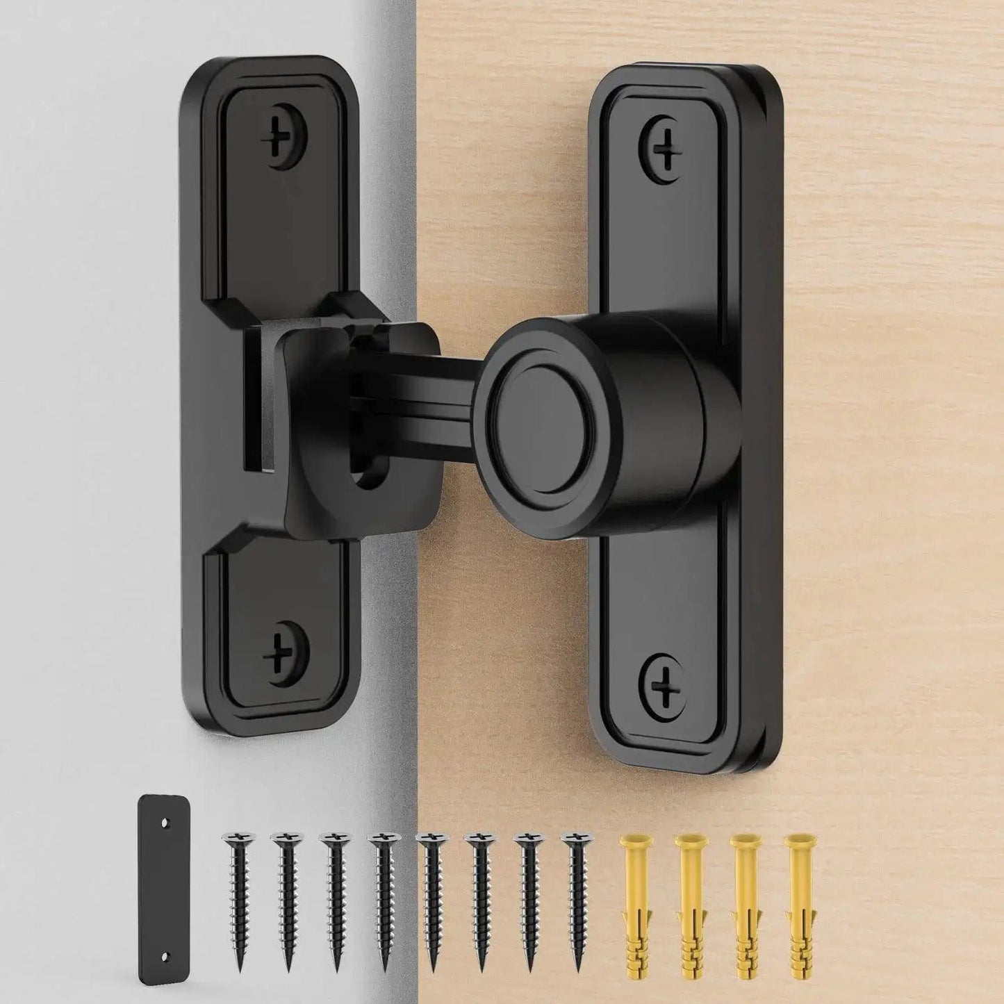 Sliding Barn Door Lock Hardware With 2-In-1 Keyless Entry And 90/180 Degree Mounting, Space Saving Flip Gate Latch in black.