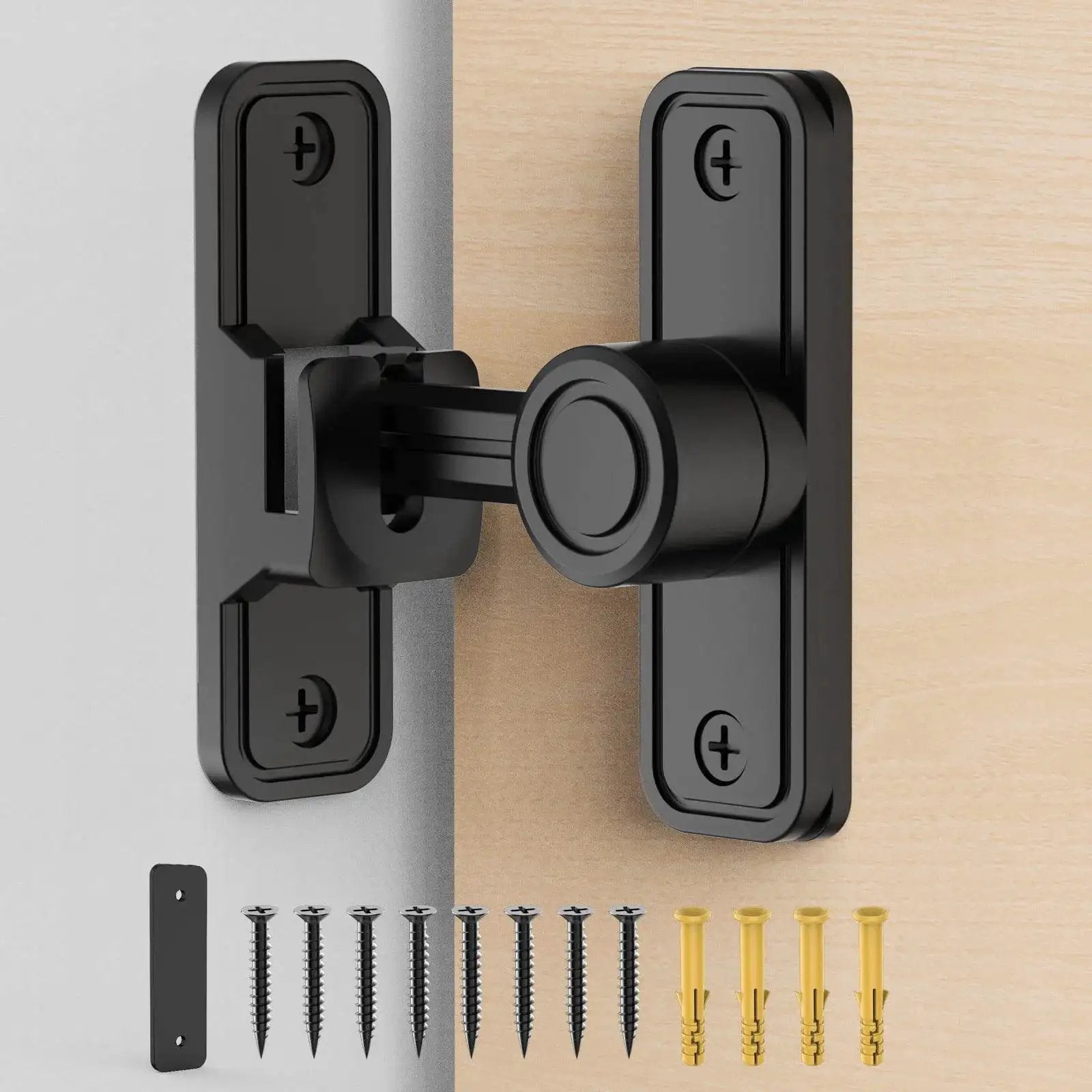 Sliding Barn Door Lock Hardware With 2-In-1 Keyless Entry And 90/180 Degree Mounting, Space Saving Flip Gate Latch in black.