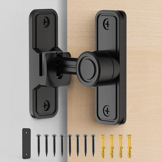 Sliding Barn Door Lock Hardware With 2-In-1 Keyless Entry And 90/180 Degree Mounting, Space Saving Flip Gate Latch in black.