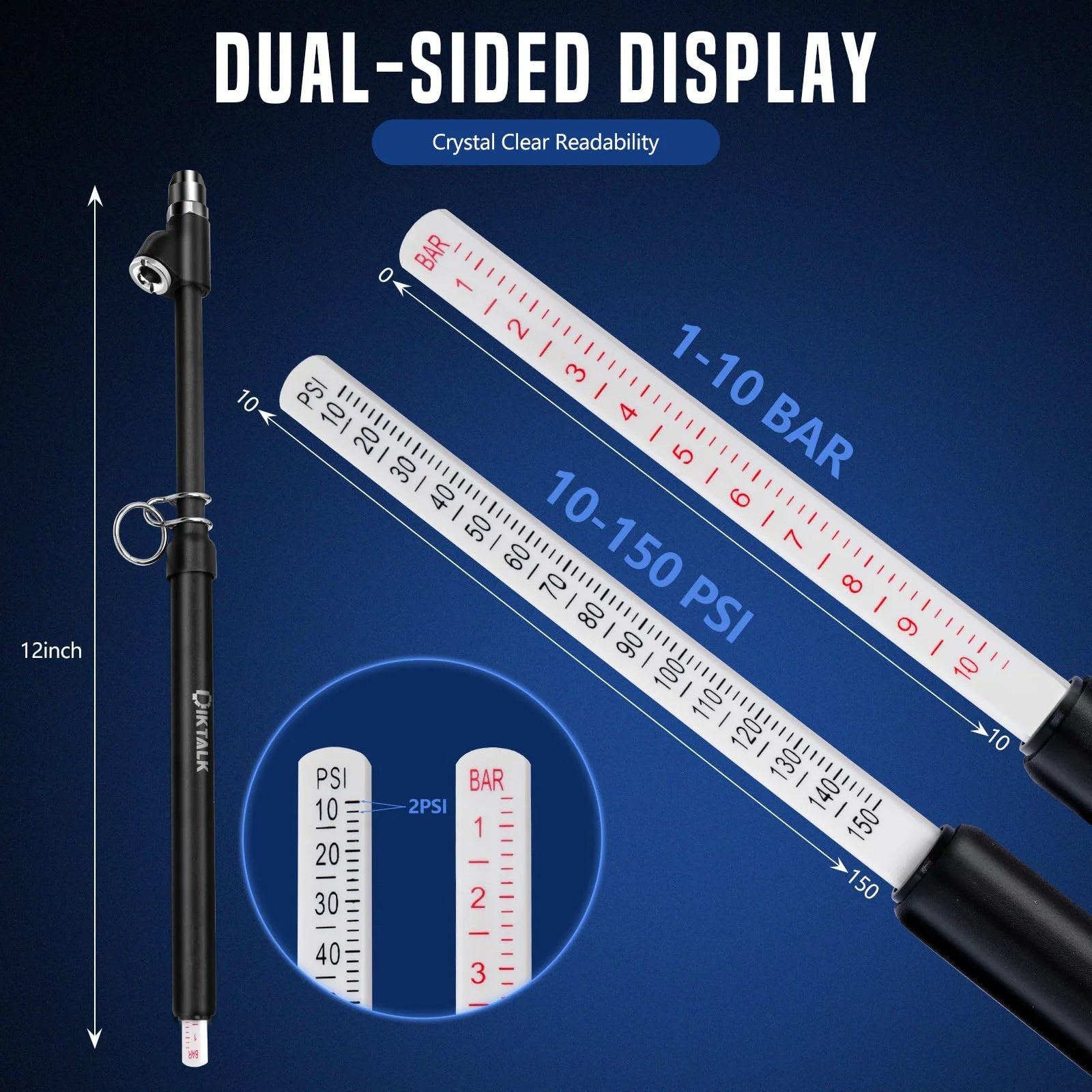 Beefy Heavy Duty Dual Head Tire Pressure Gauge 12 Inch for Semi Trucks RVs Cars Motorcycles Dual Valve Heads Dual-Sided Display
