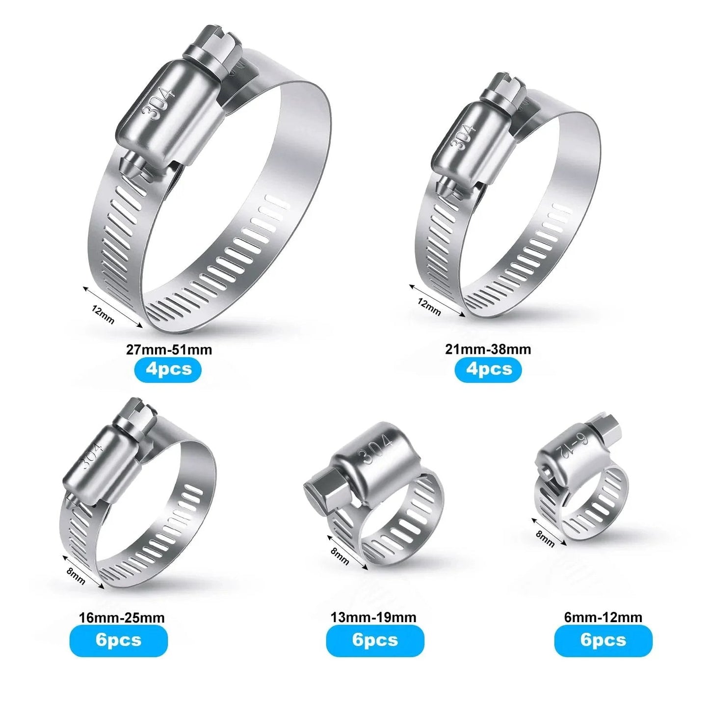 26 Piece Stainless Steel Hose Clamps Assortment Kit One Quarter To Two Inch Adjustable Worm Gear Clamps For Fuel Line Plumbing Automotive Garden Tubes Radiator And Mechanical Applications with 5 sizes shown