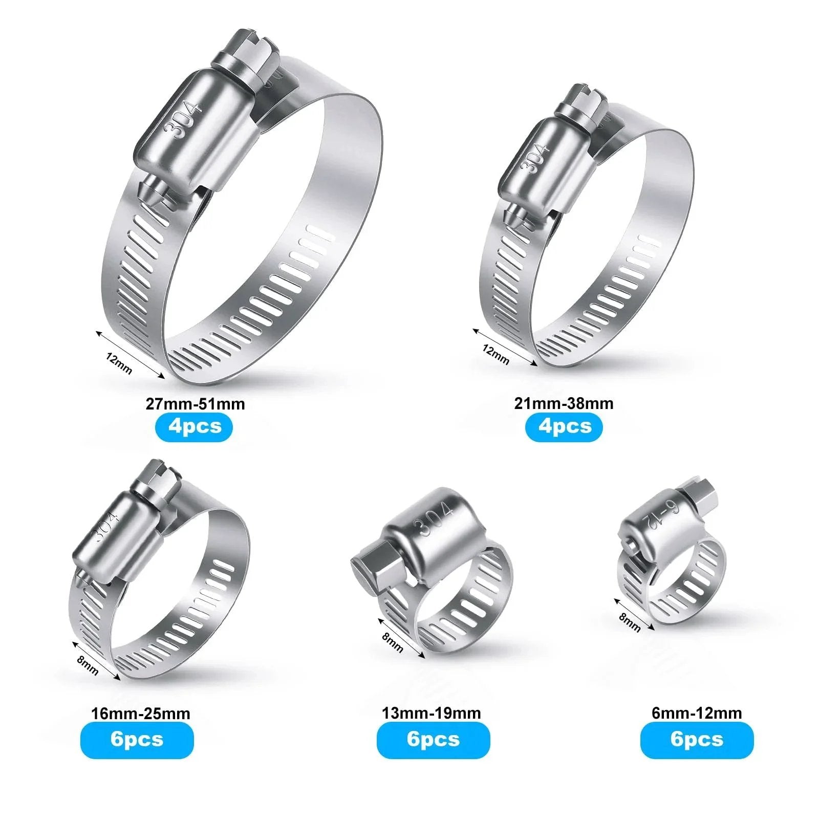 26 Piece Stainless Steel Hose Clamps Assortment Kit One Quarter To Two Inch Adjustable Worm Gear Clamps For Fuel Line Plumbing Automotive Garden Tubes Radiator And Mechanical Applications with 5 sizes shown