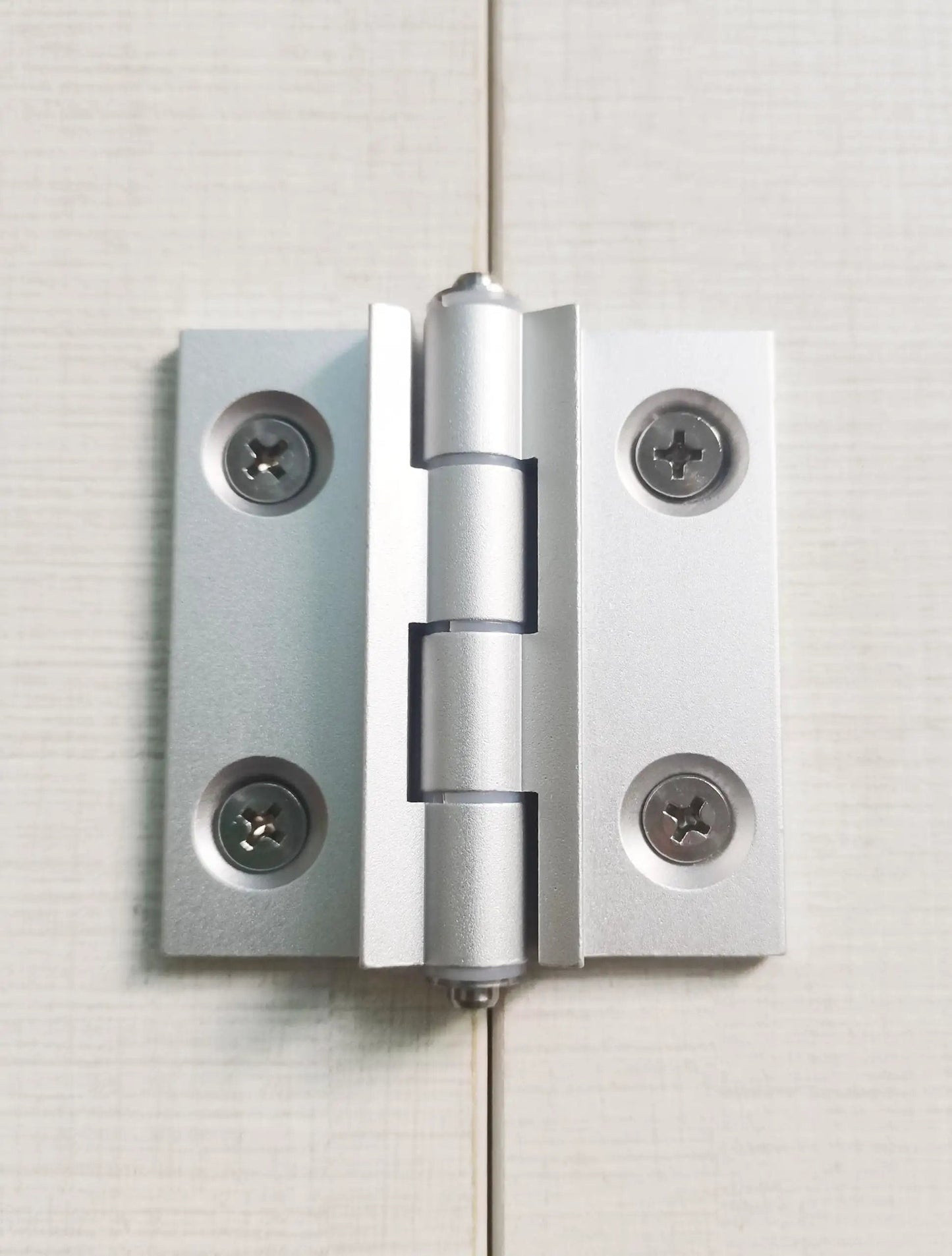 Torque Position Control Hinges Aluminum Alloy Bushing Hinge 120 Degree Detent, 2 Pack, installed view on cabinet