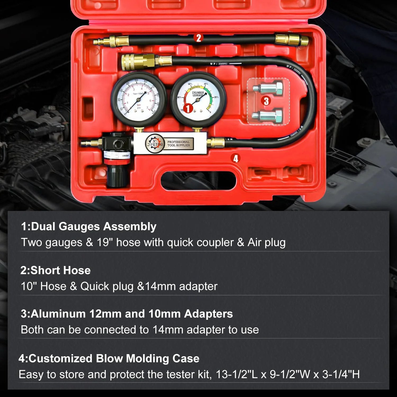Cylinder Leak Down Tester Kit Pro Grade With Dual Pressure Gauges For Engine Compression And Leakage Detection in orange case