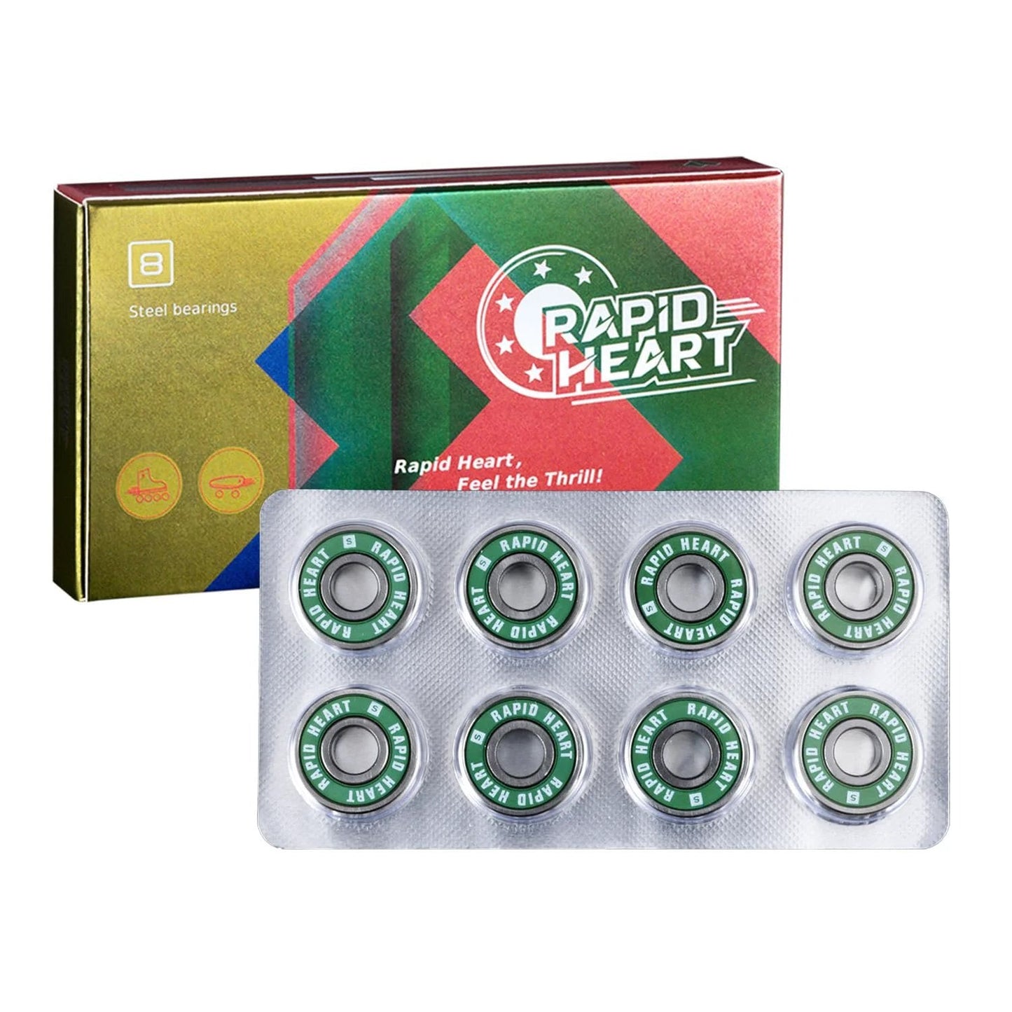 608 2RS Precision Steel Green Bearings 8 Pack For Skateboards Longboards Inline And Roller Skates With Ceramic P5 Zirconia Balls Non Contact Rubber Shields Nylon Retainers Rust Resistant Lubricant 30 Plus Second Spin Test High Performance
