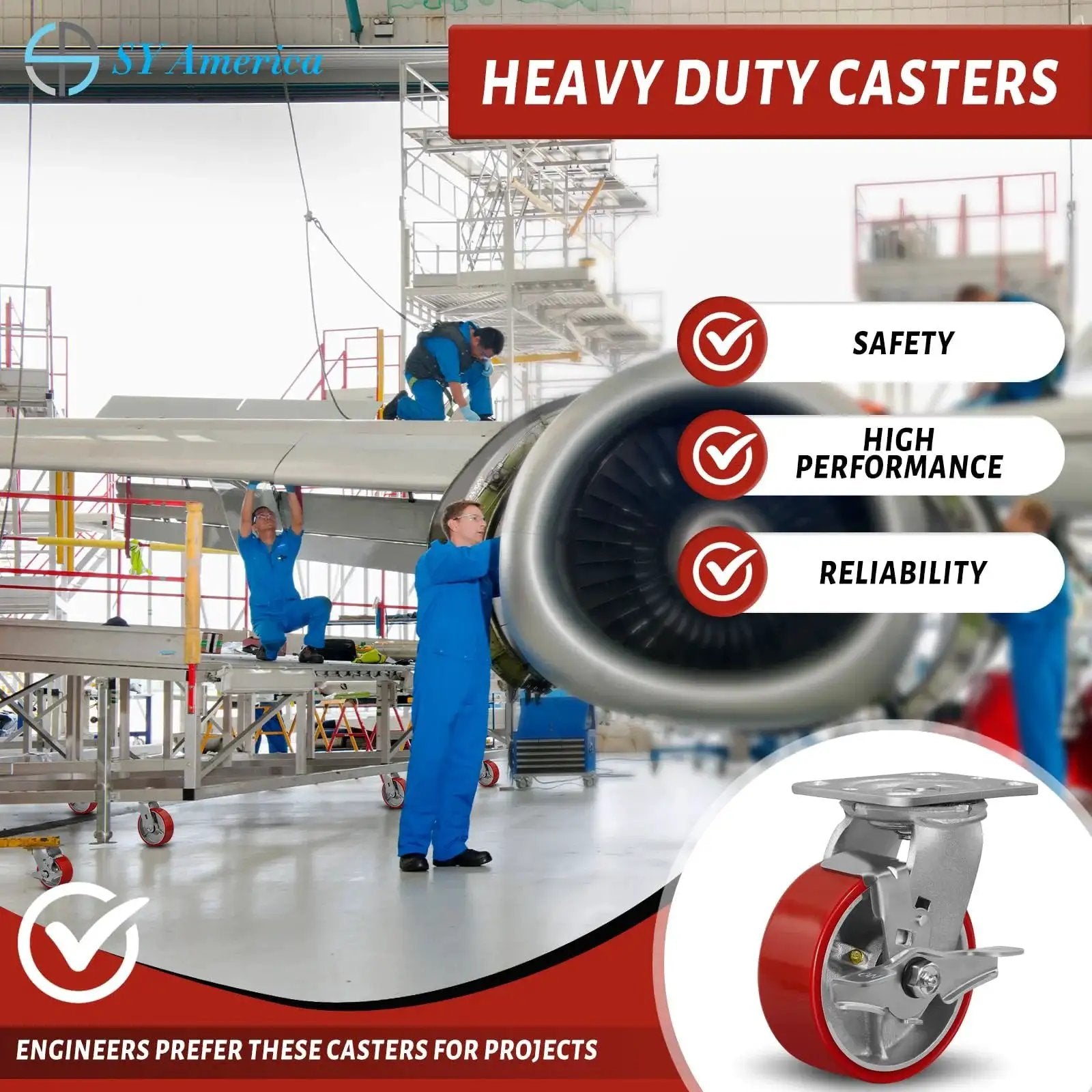 Five Inch By Two Inch Caster Set Of Four Heavy Duty Industrial Casters With Non Marking Polyurethane Tread in aircraft hangar.