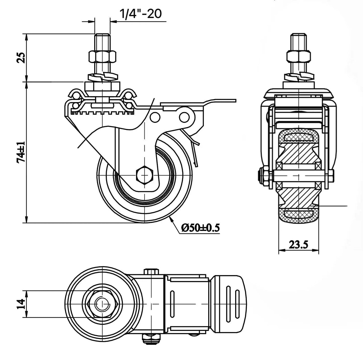 Technical drawing of Heavy Duty Swivel Caster Wheels Set Of 4 2 Inch Diameter With Brakes for wire shelves and workbenches.