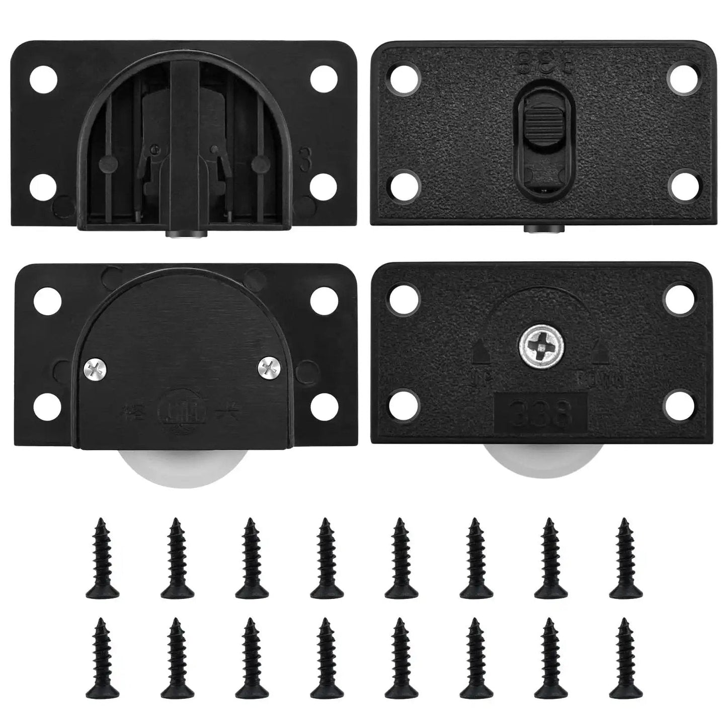 Cabinet Door Sliding Silent Plastic Roller Pulleys Set For Closet And Wardrobe Doors with screws, black finish, 2-pack